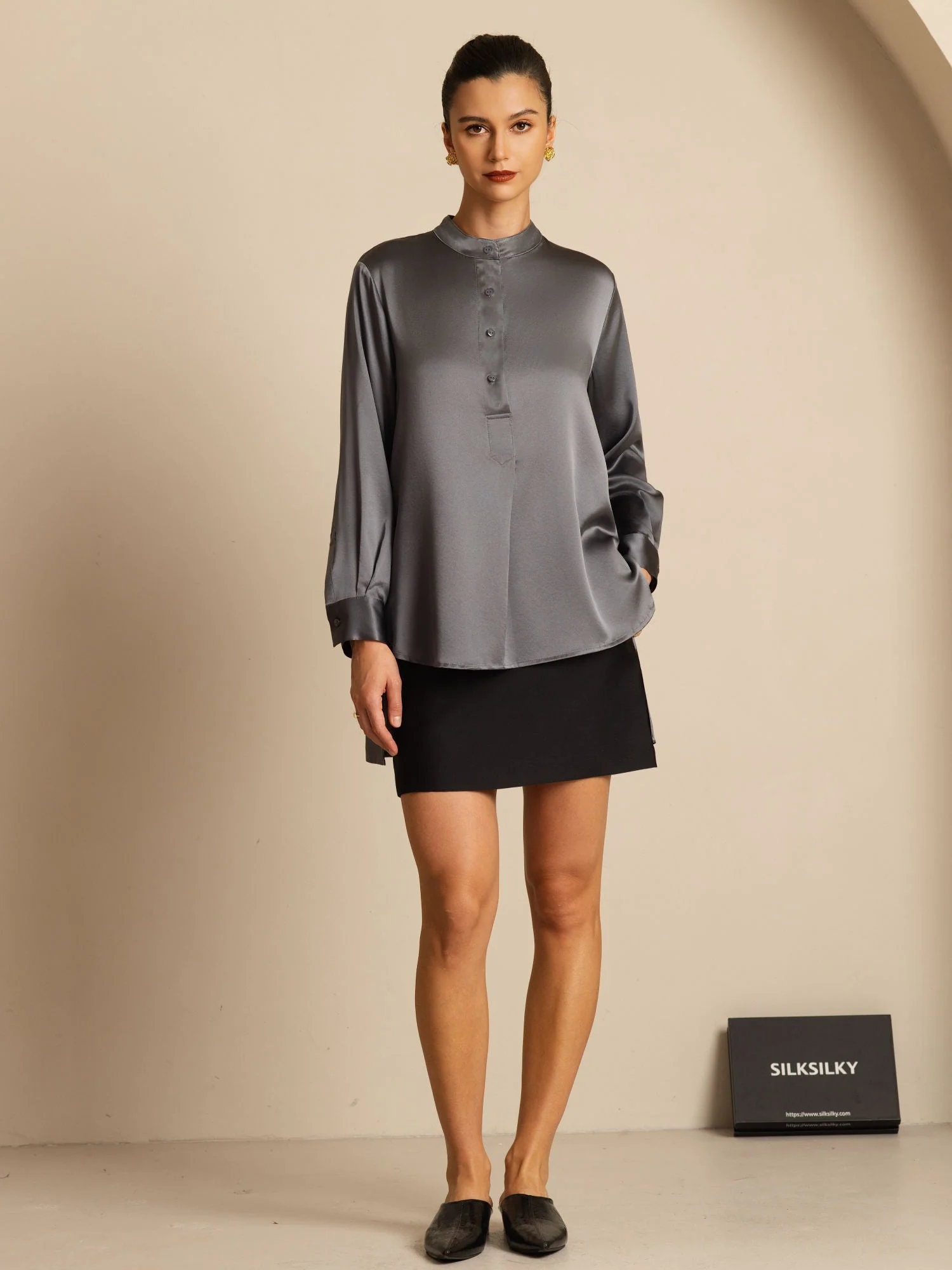 19Momme silke dame Stand Collar High-Low bluse med knapdetaljer - Image 31
