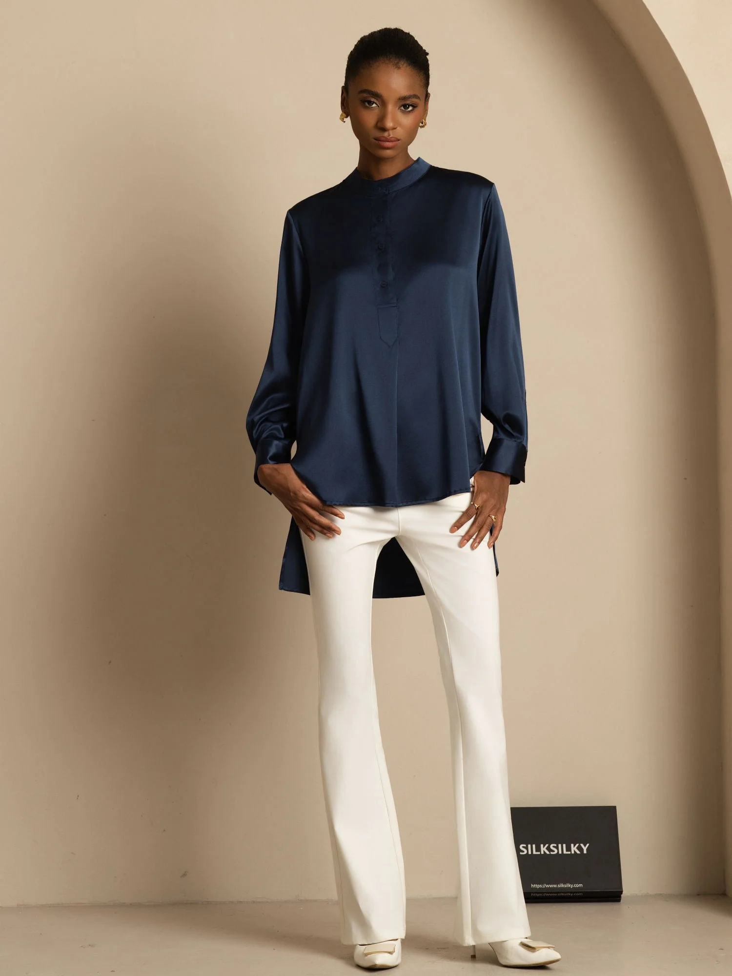 19Momme silke dame Stand Collar High-Low bluse med knapdetaljer - Image 8