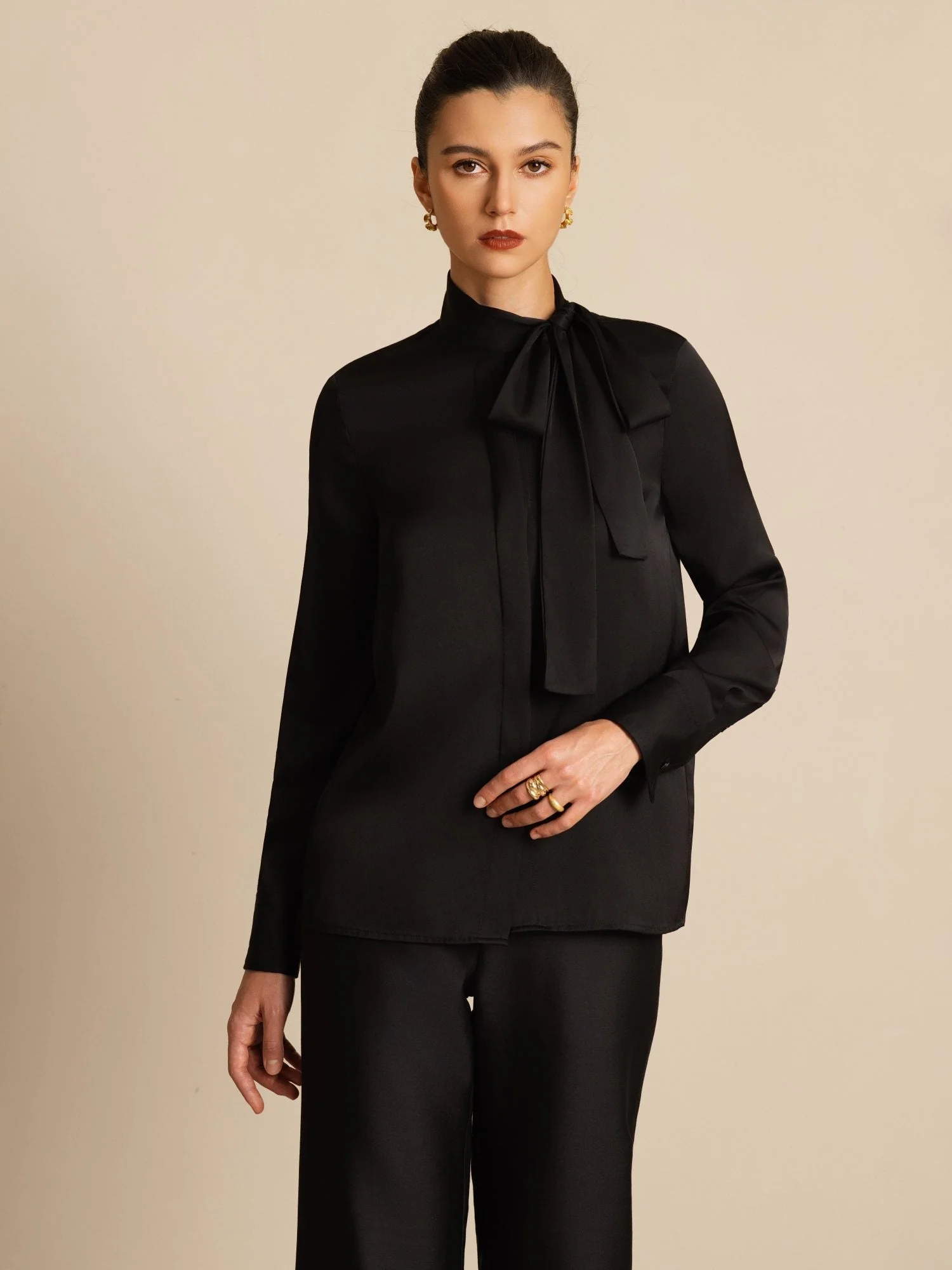 19Momme Silke Dame Tie Neck Langærmet Bluse - Image 10