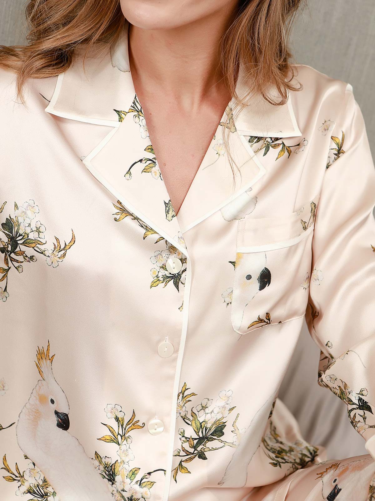 Kvinders Pyjamasæt I Ren Silke Med Blomsterprint Langærmet Med Bukser - Image 6