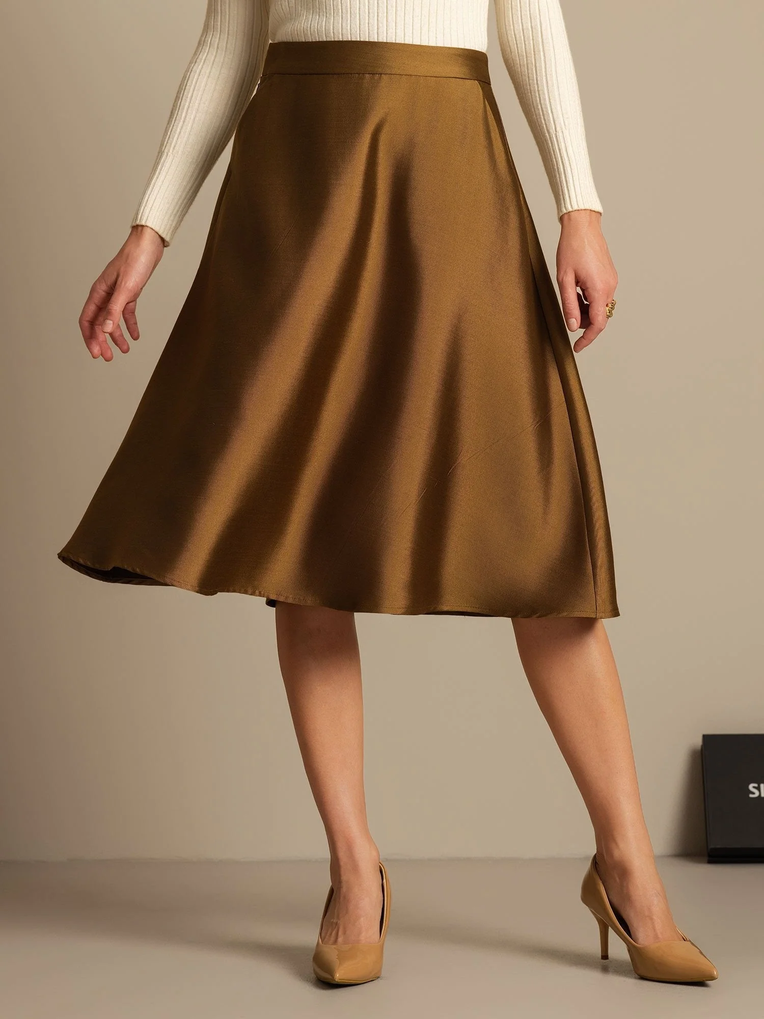 32Momme Silke-Uld Blanding A-Line Midi Nederdel med Lynlåsdessign - Image 19