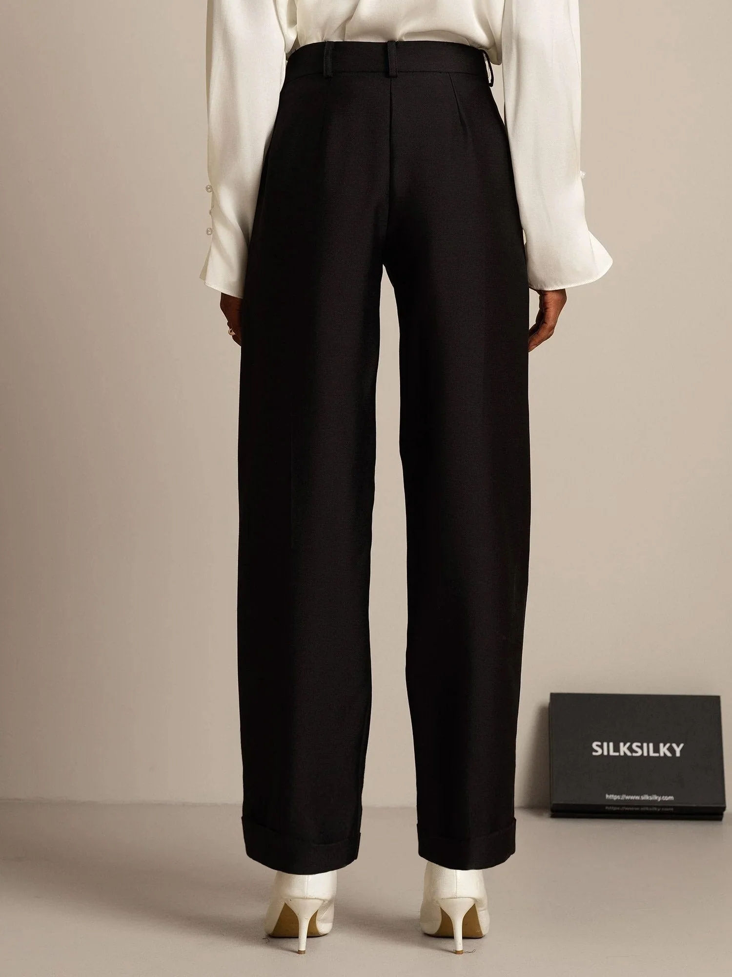 32Momme Silke-Uld Blanding Høj Talje Tapered Cropped Dametights med Bindebånd Design - Image 10