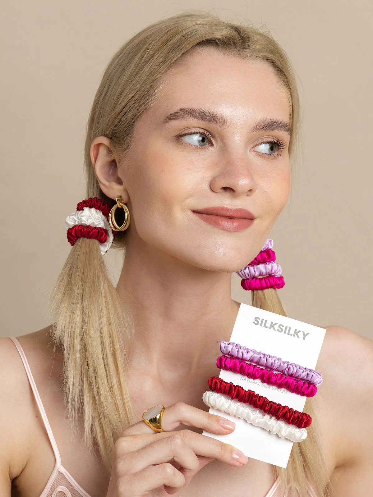 4Stk Ren Silke Tynd Hår Scrunchies - 1cm