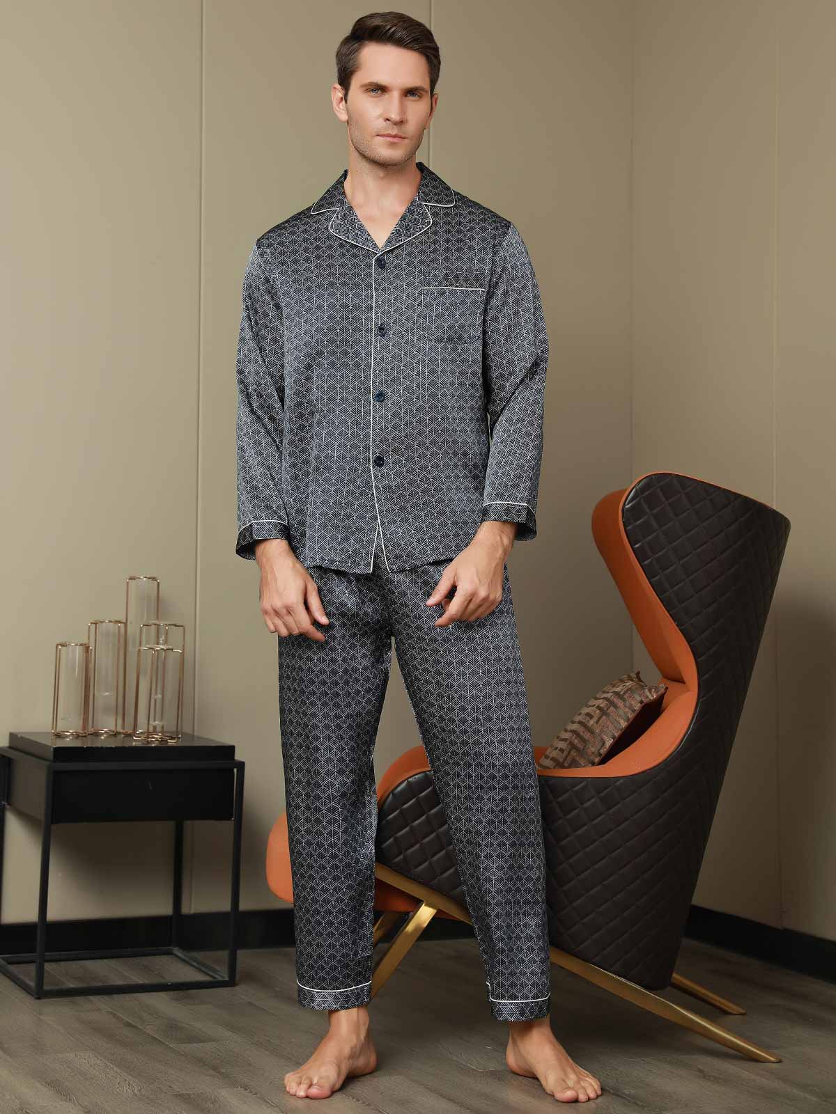 Herre Pyjamas Sæt I Ren Silke Med Marineblåt Ginkgo Print Langærmet Top Og Bukser - Image 8