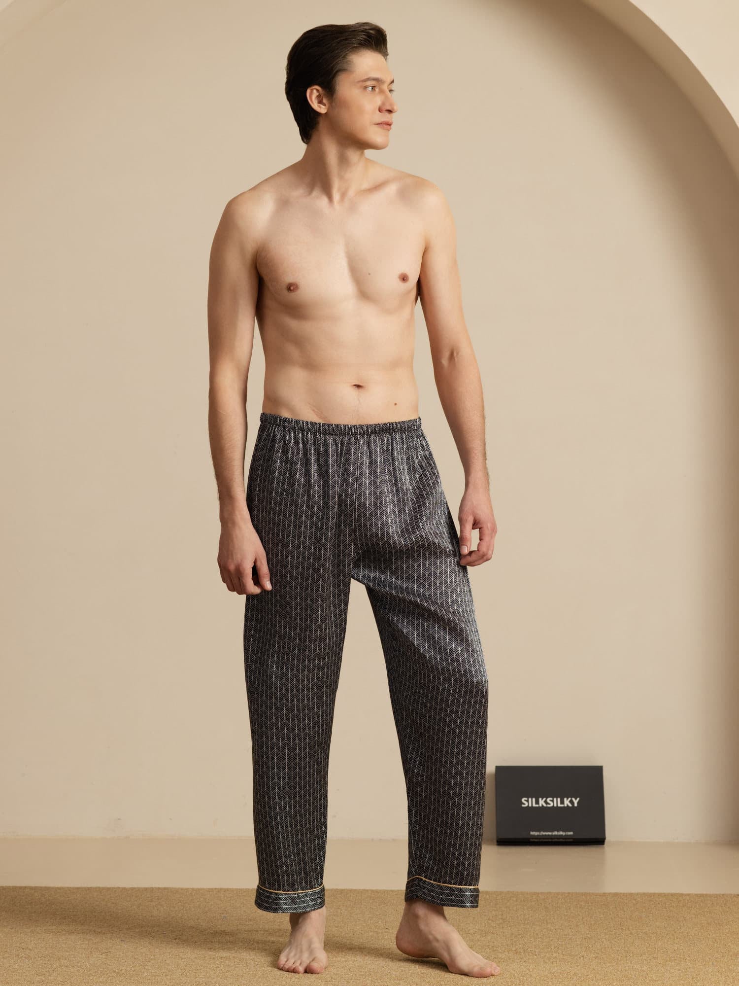 Herre Pure Silk Marine Ginkgo Print Pyjamasbukser Med Elastisk Talje - Image 10