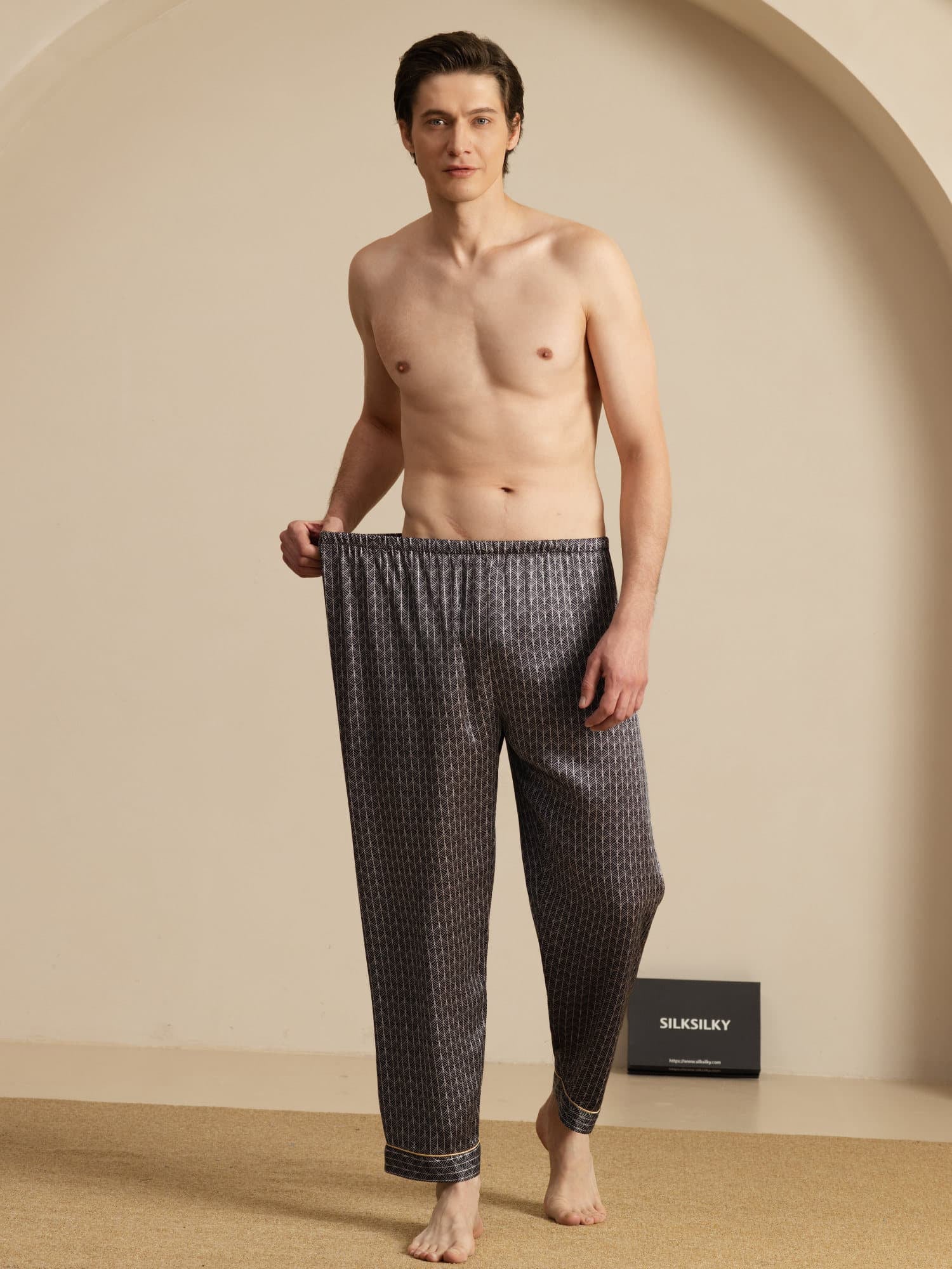 Herre Pure Silk Marine Ginkgo Print Pyjamasbukser Med Elastisk Talje - Image 11