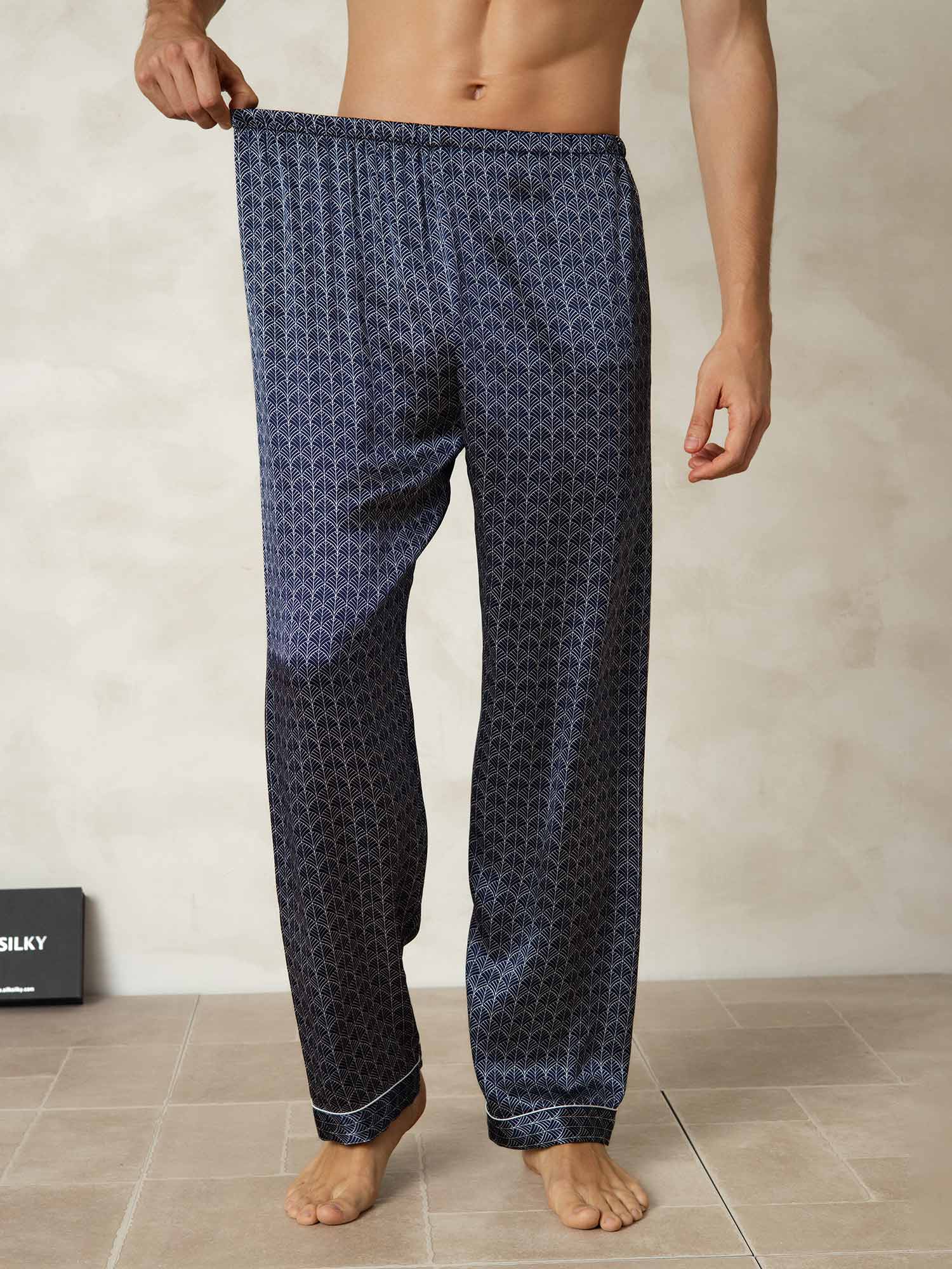 Herre Pure Silk Marine Ginkgo Print Pyjamasbukser Med Elastisk Talje - Image 3