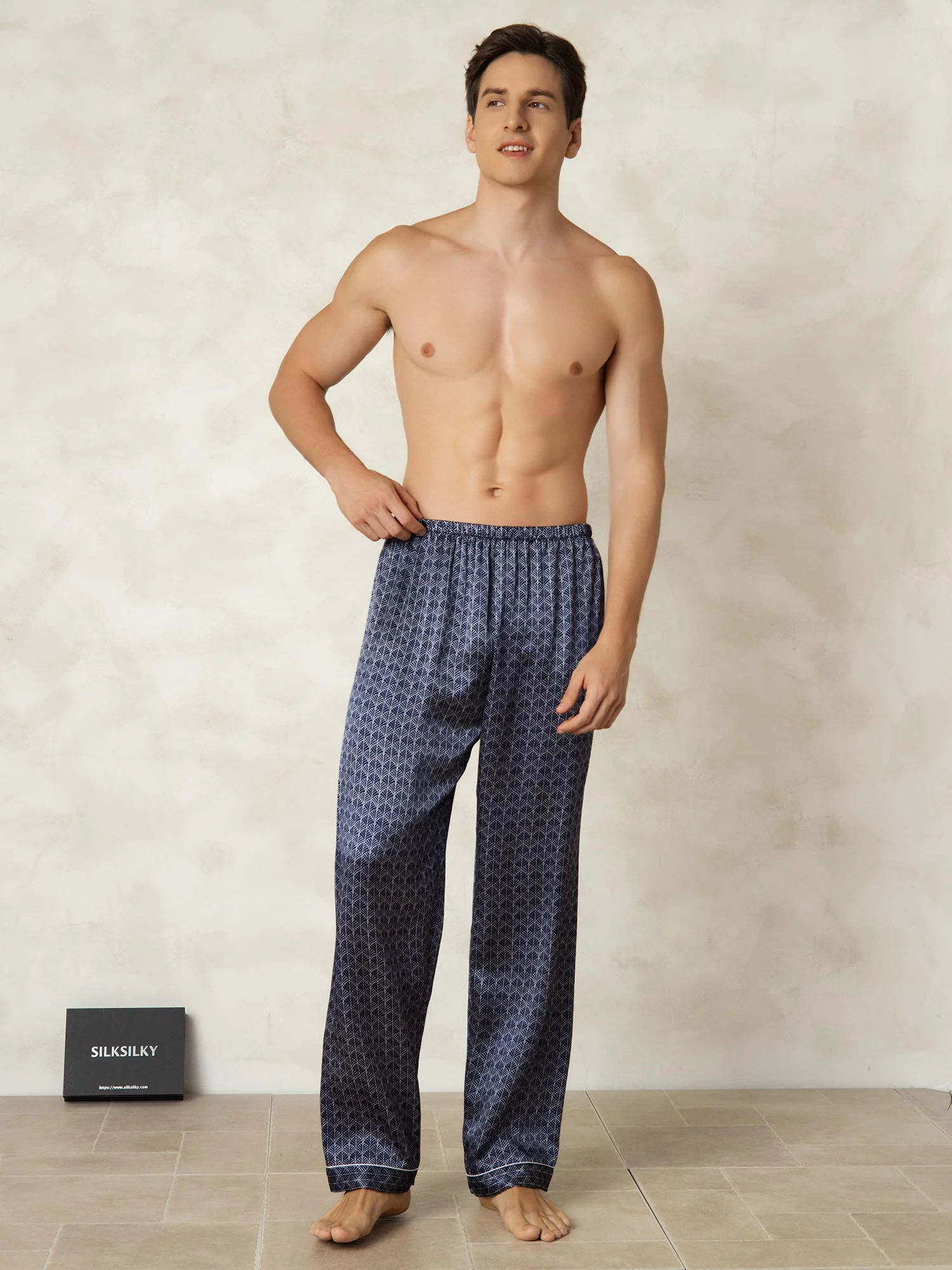 Herre Pure Silk Marine Ginkgo Print Pyjamasbukser Med Elastisk Talje - Image 4