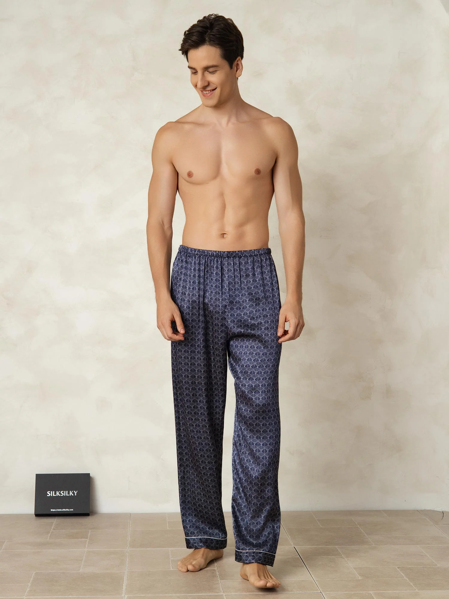 Herre Pure Silk Marine Ginkgo Print Pyjamasbukser Med Elastisk Talje - Image 5