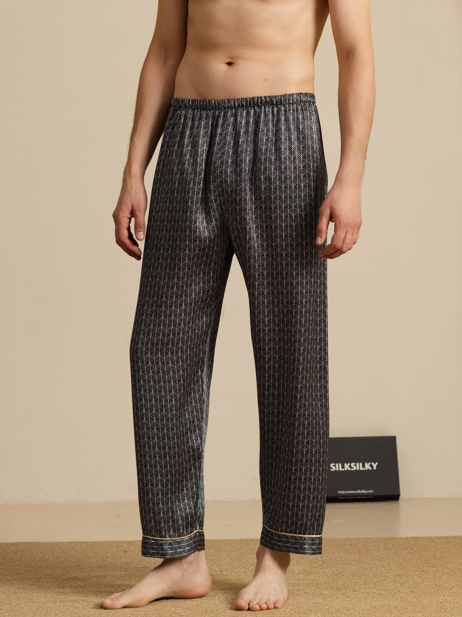 Herre Pure Silk Marine Ginkgo Print Pyjamasbukser Med Elastisk Talje - Image 6