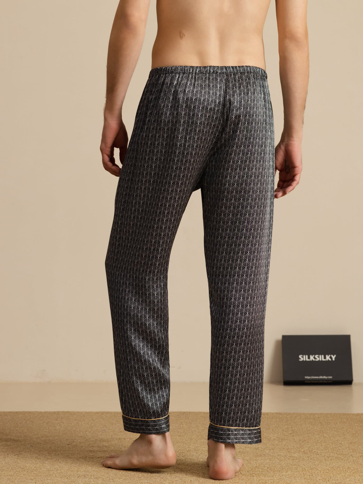 Herre Pure Silk Marine Ginkgo Print Pyjamasbukser Med Elastisk Talje - Image 7