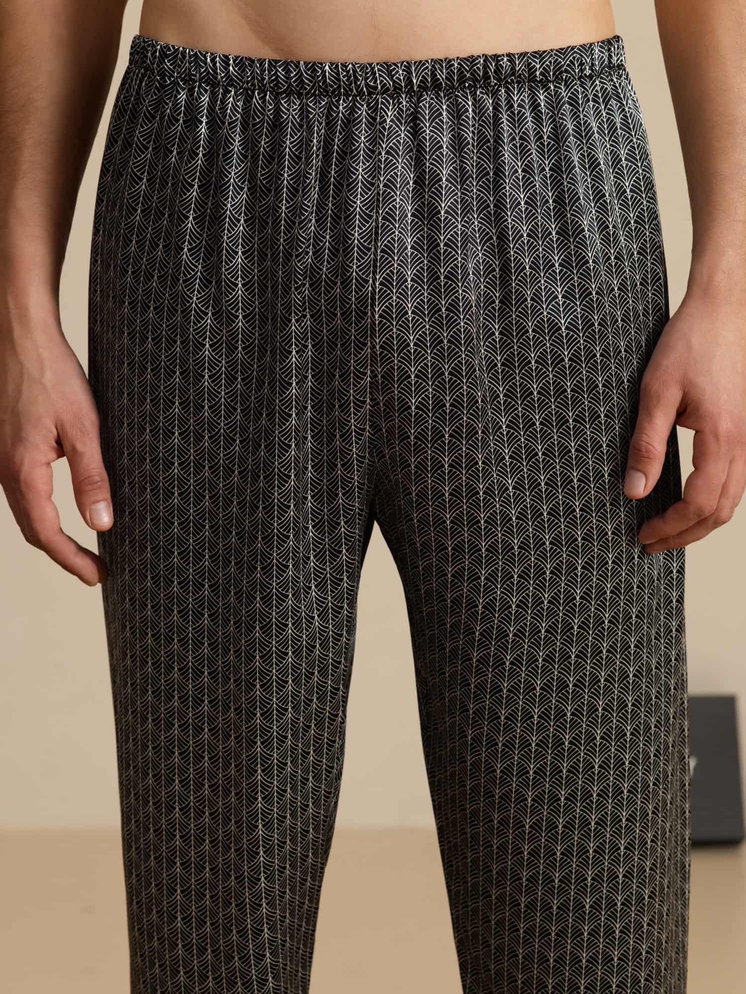 Herre Pure Silk Marine Ginkgo Print Pyjamasbukser Med Elastisk Talje - Image 8