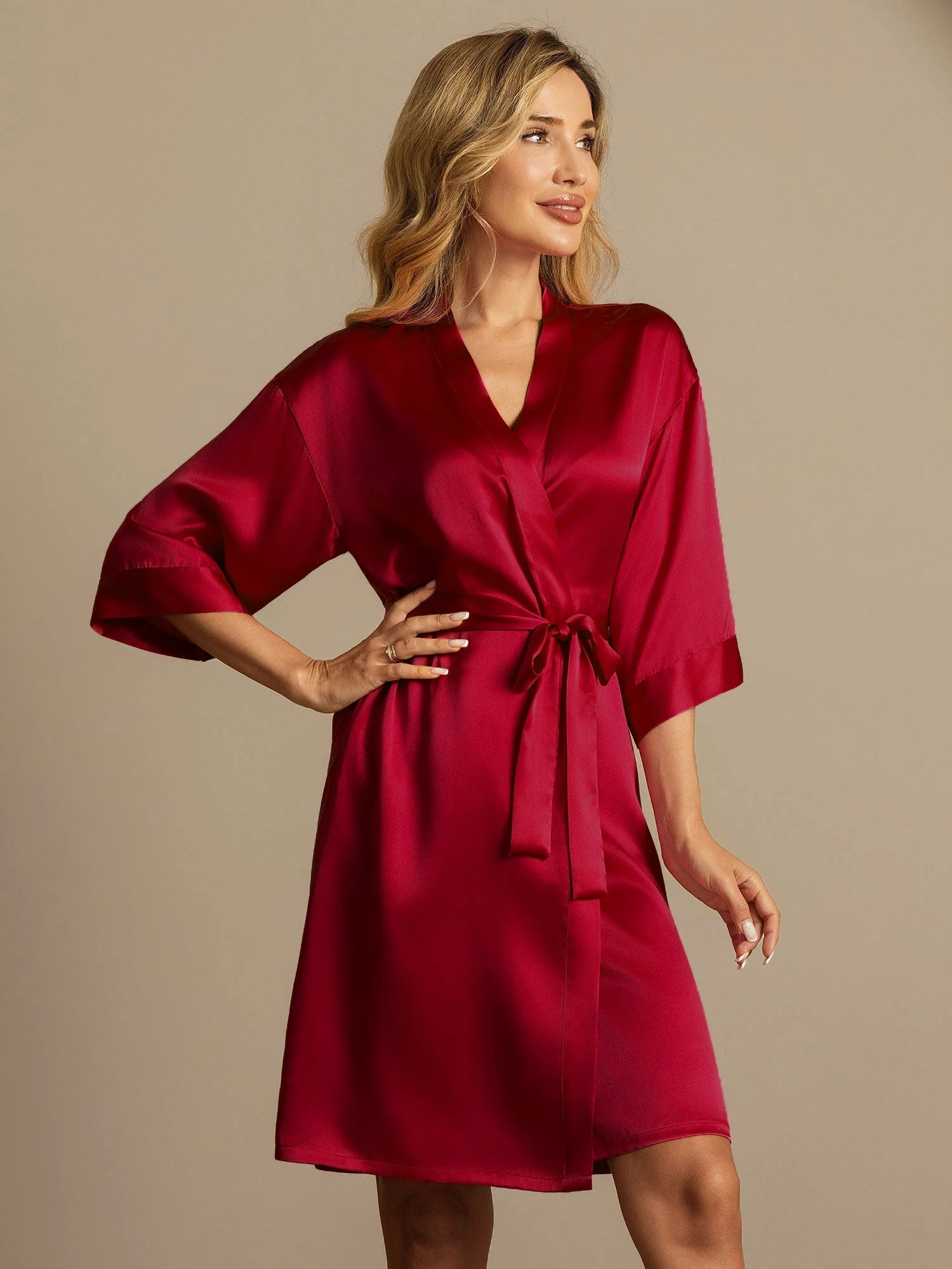 100% Morbærsilke 3/4-Ærmer Dame Slå-om-kimono Morgenkåbe - Image 10
