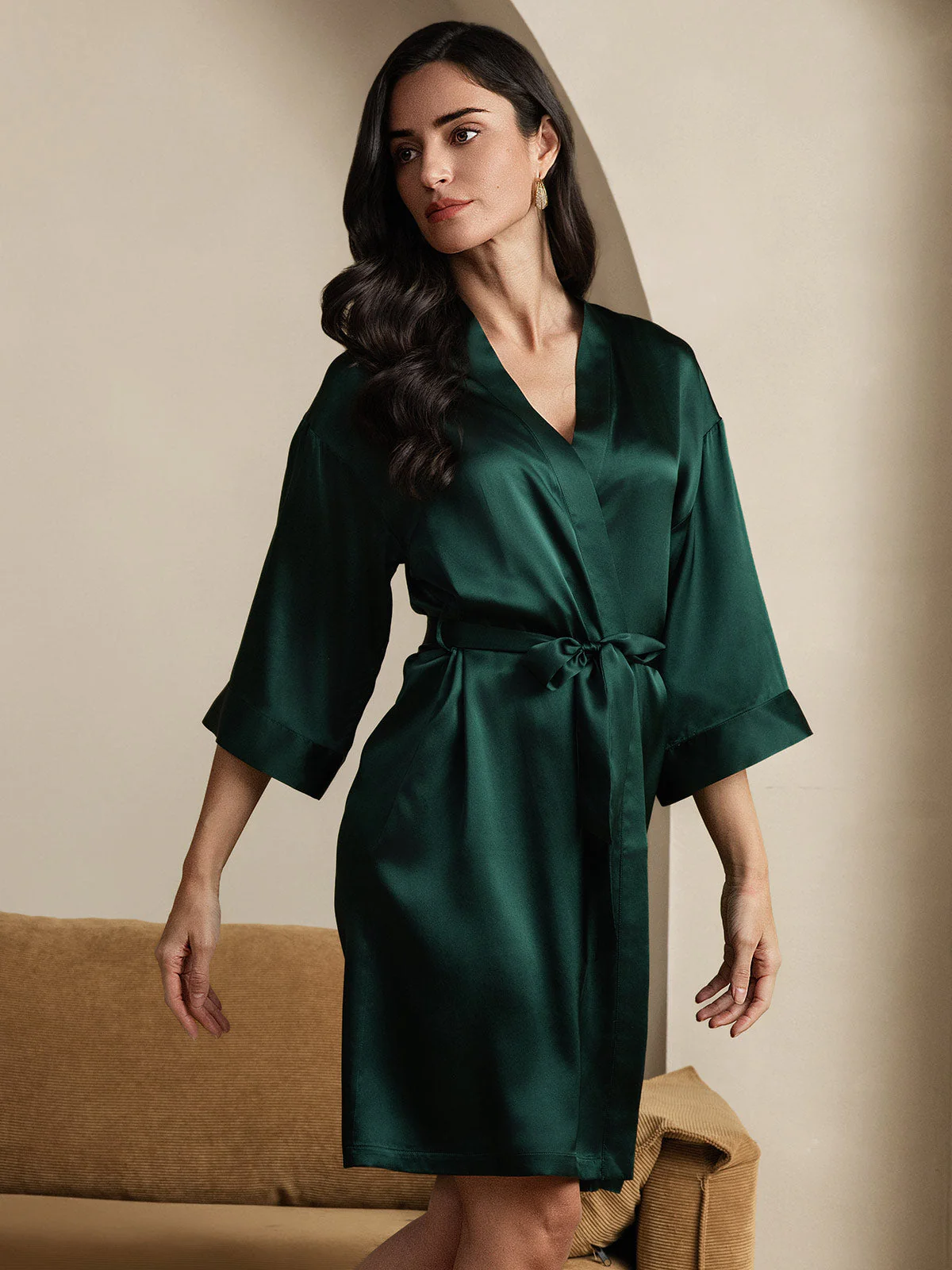 100% Morbærsilke 3/4-Ærmer Dame Slå-om-kimono Morgenkåbe - Image 19
