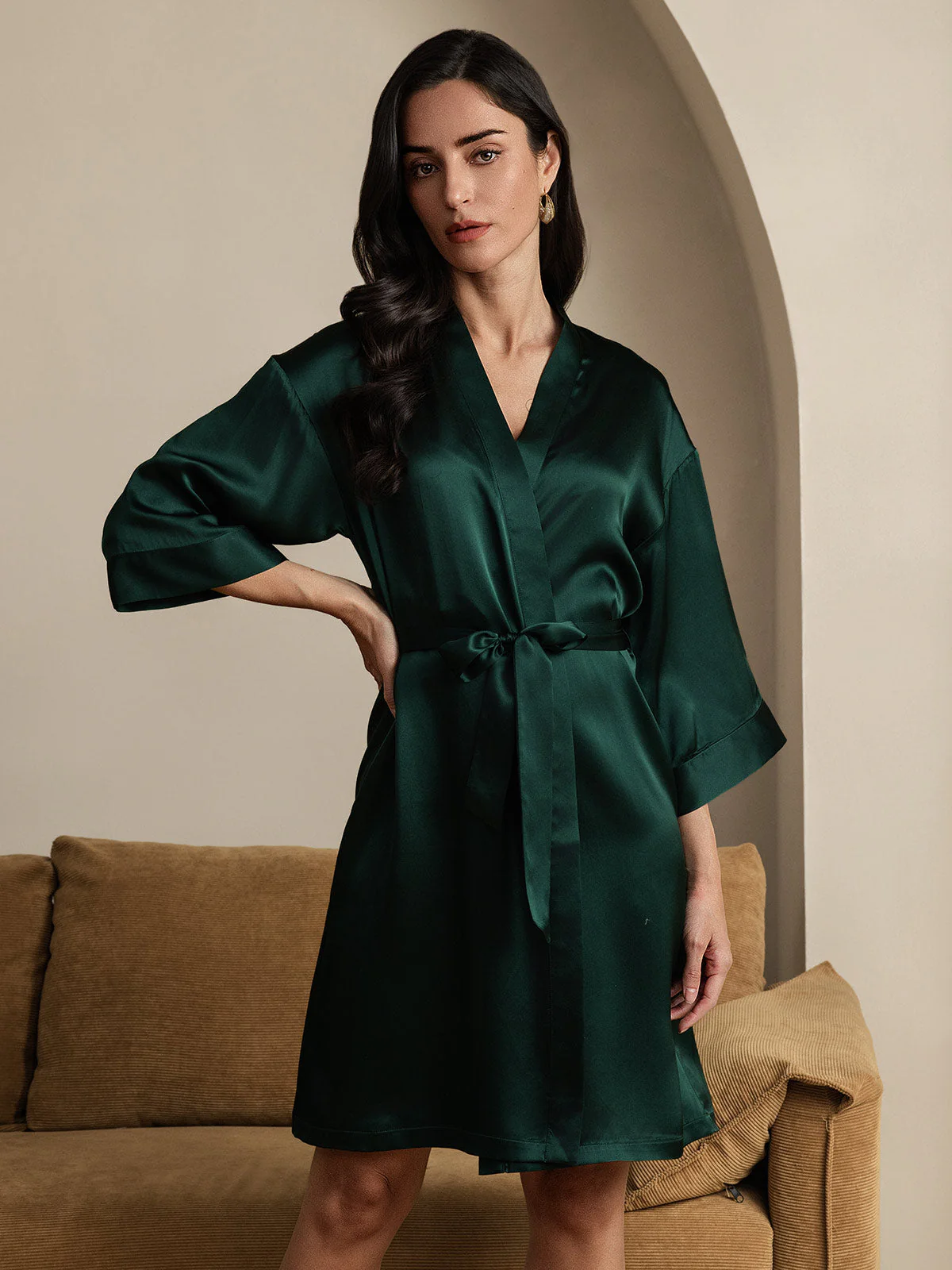 100% Morbærsilke 3/4-Ærmer Dame Slå-om-kimono Morgenkåbe - Image 21