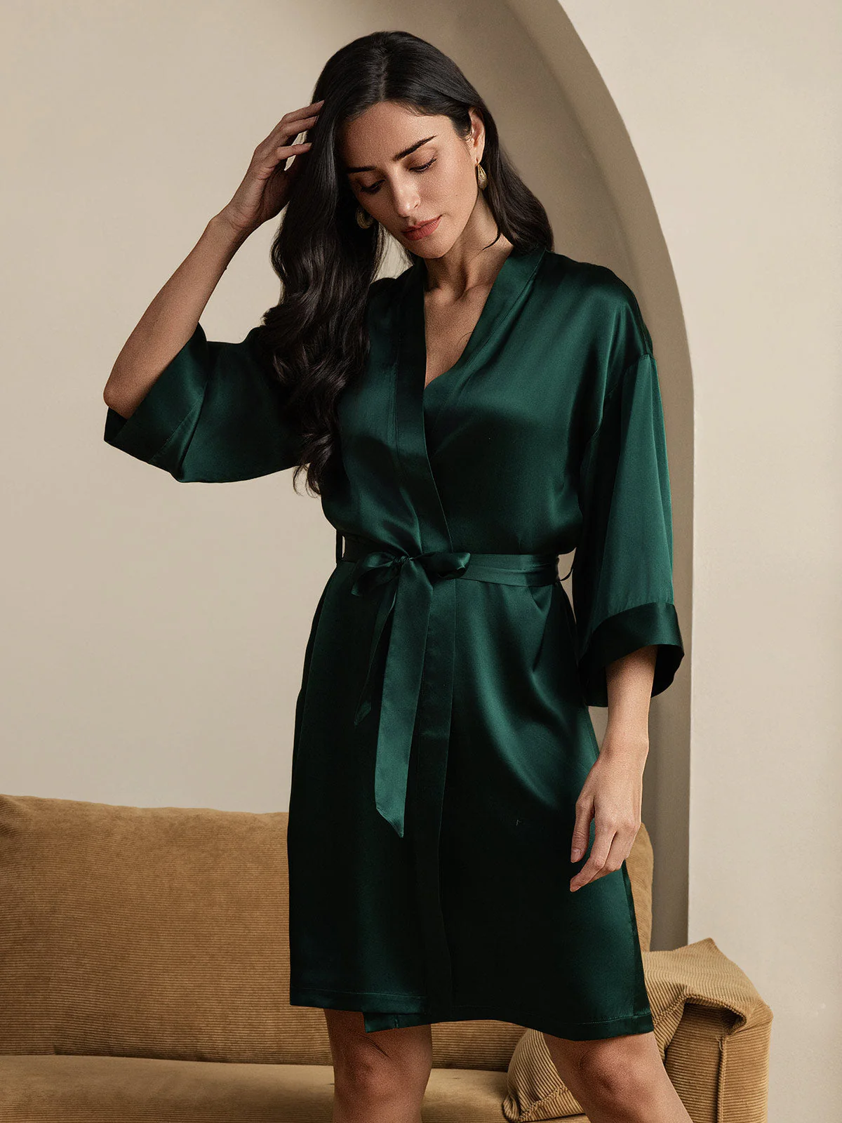 100% Morbærsilke 3/4-Ærmer Dame Slå-om-kimono Morgenkåbe - Image 24