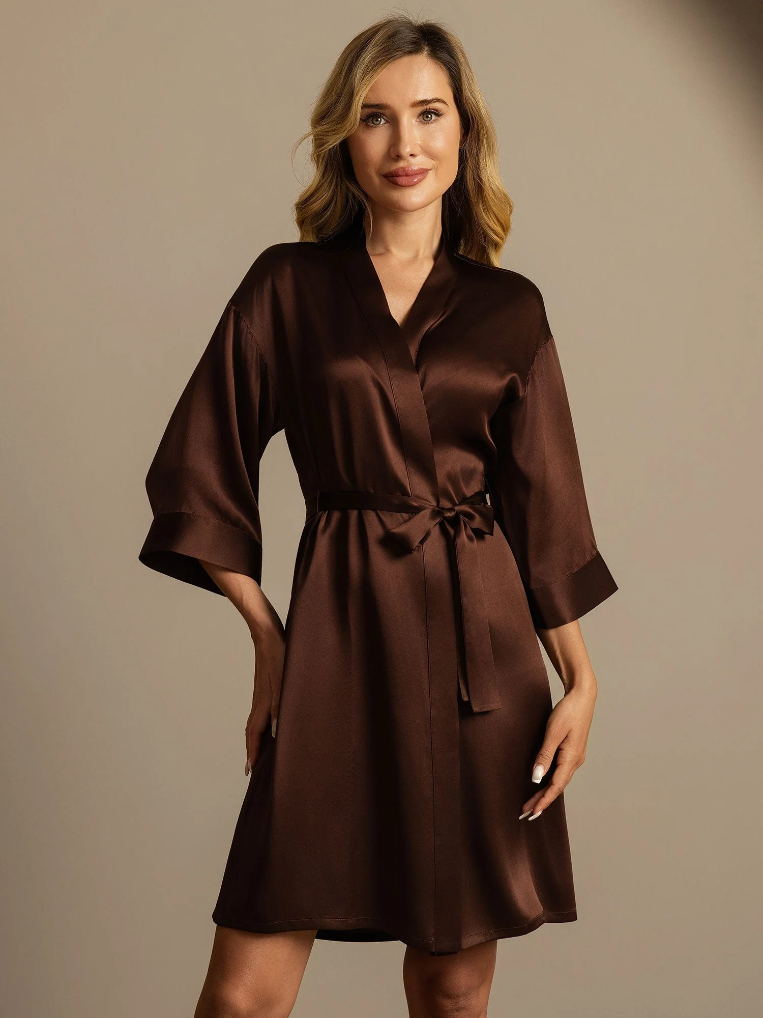 100% Morbærsilke 3/4-Ærmer Dame Slå-om-kimono Morgenkåbe - Image 36