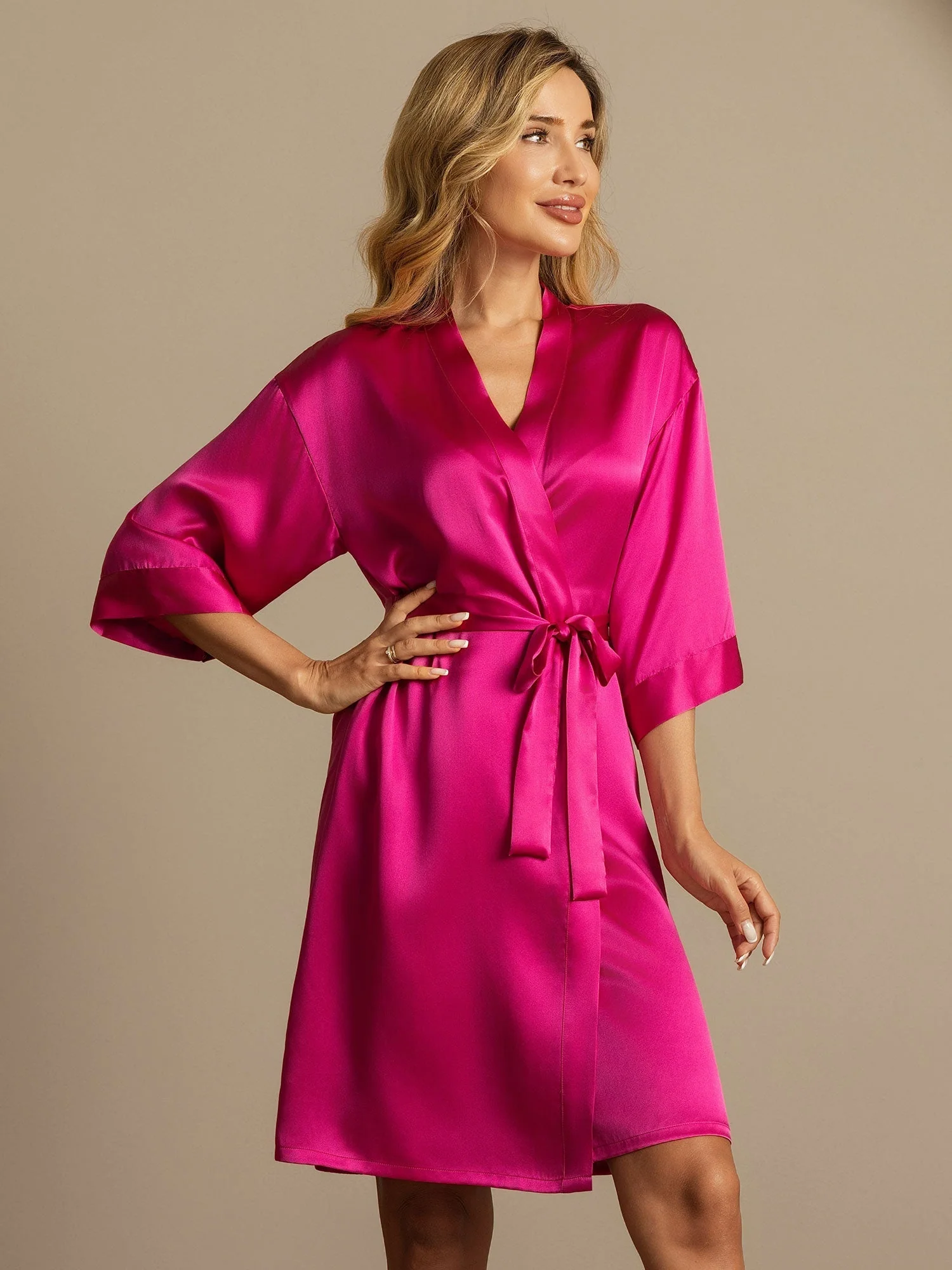 100% Morbærsilke 3/4-Ærmer Dame Slå-om-kimono Morgenkåbe - Image 53