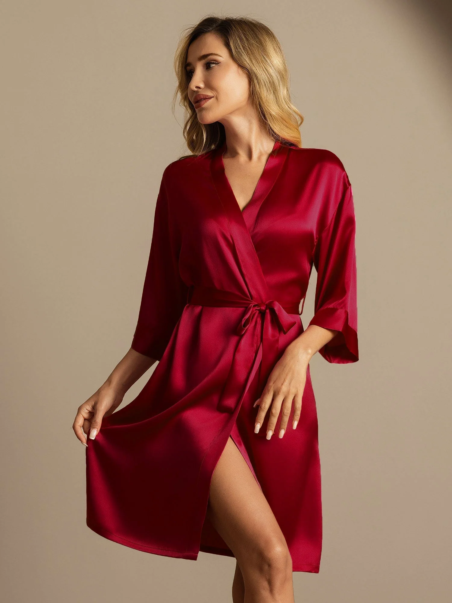 100% Morbærsilke 3/4-Ærmer Dame Slå-om-kimono Morgenkåbe - Image 8