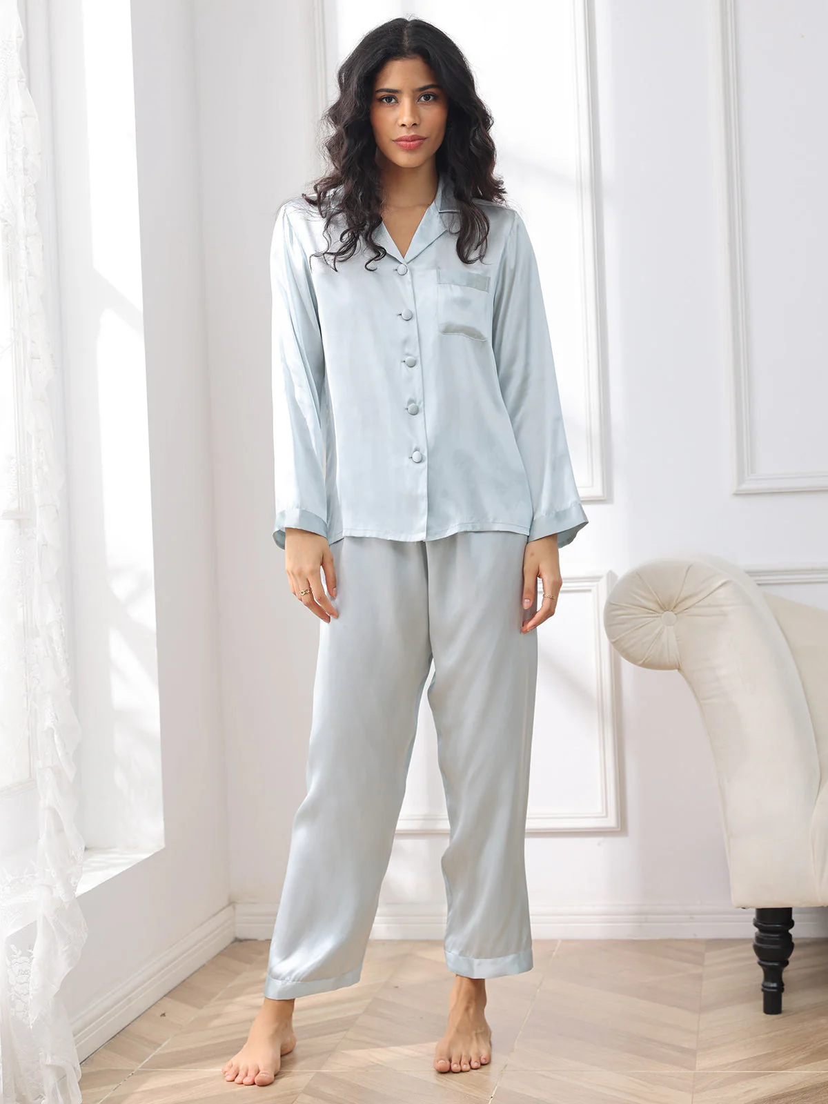 100% Silke Button Up Damepyjamas - Image 3
