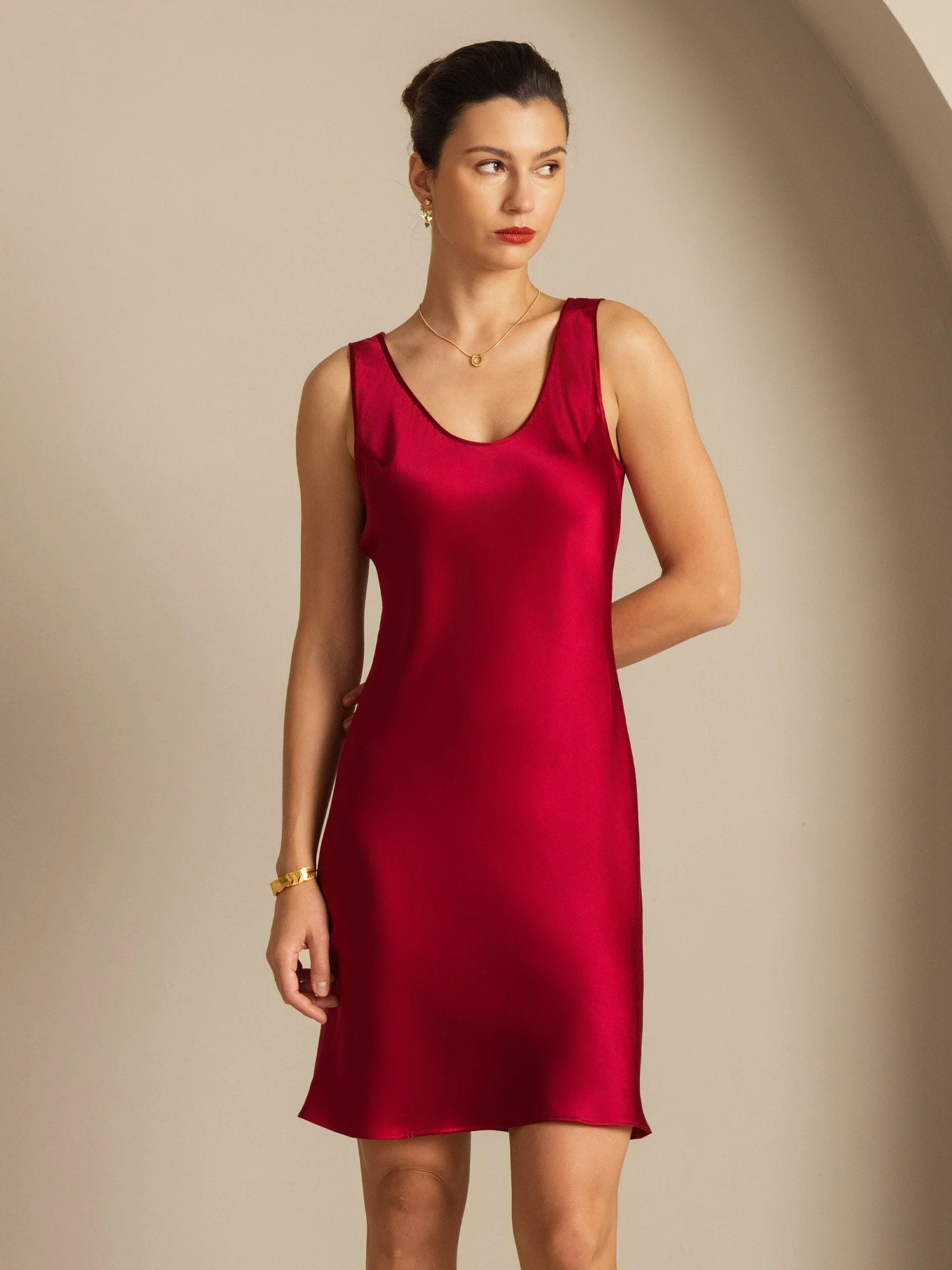 100% Silke Afslappet Midi Slip Natkjole - Image 21
