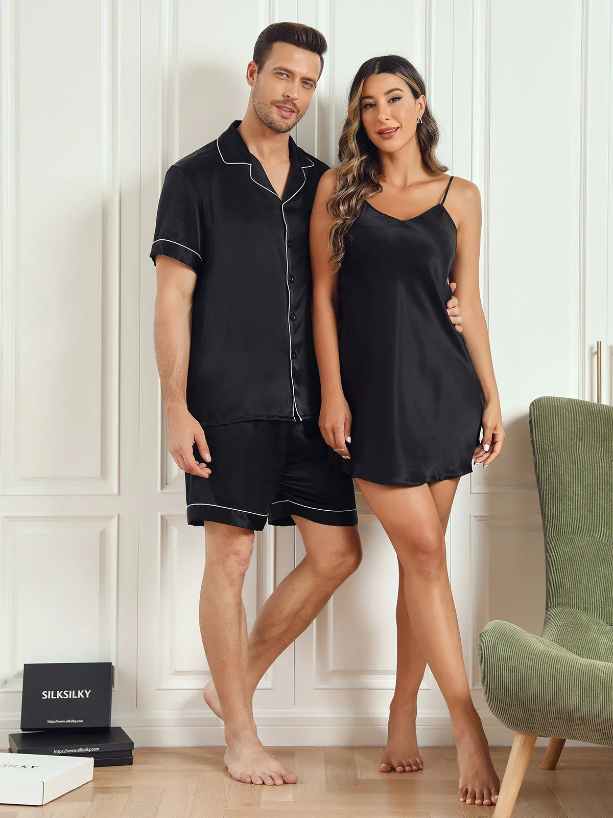 100% Silke Par Kort Pyjamas Sæt & Slip Natkjole - Image 9
