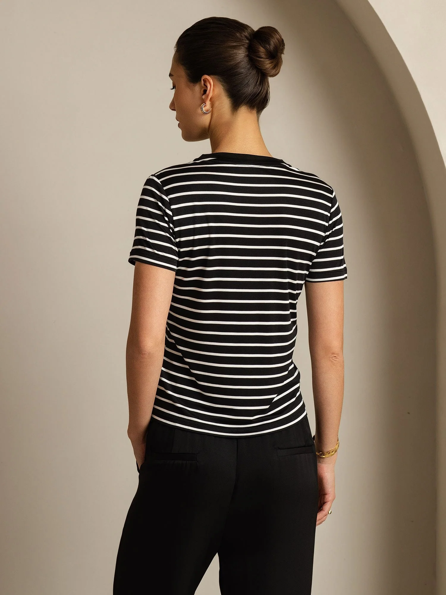 Dame Ren Silke Rund Hals Kort Ærme Sportstribet T-Shirt - Image 10