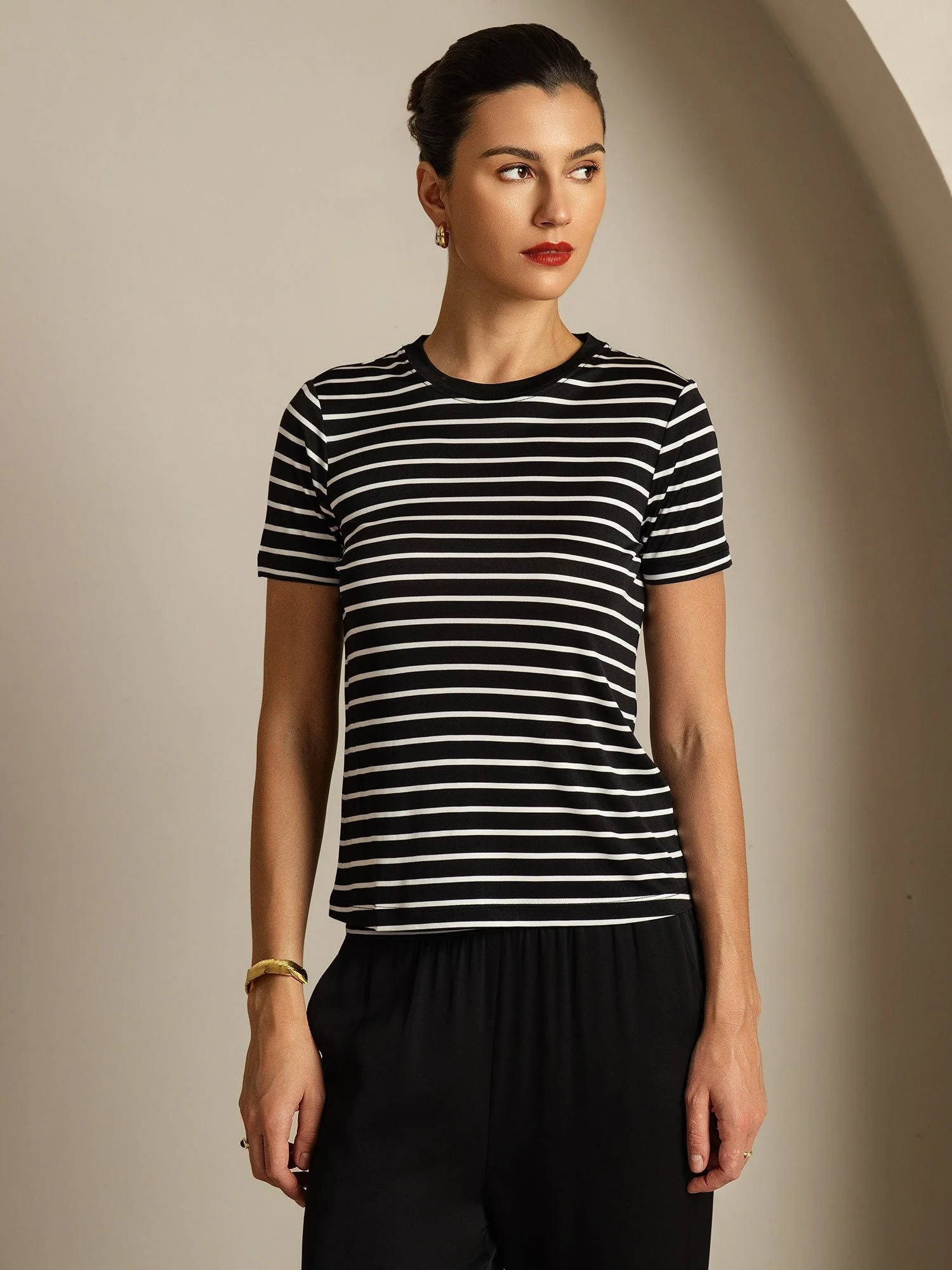 Dame Ren Silke Rund Hals Kort Ærme Sportstribet T-Shirt - Image 11