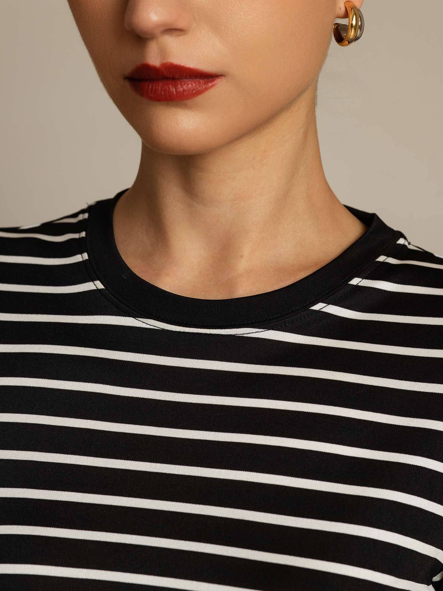 Dame Ren Silke Rund Hals Kort Ærme Sportstribet T-Shirt - Image 12
