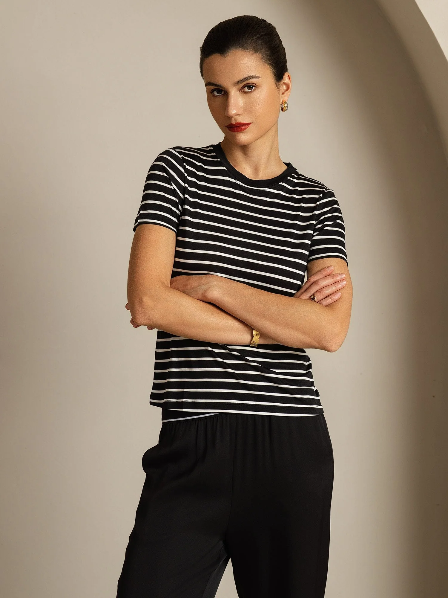 Dame Ren Silke Rund Hals Kort Ærme Sportstribet T-Shirt - Image 13