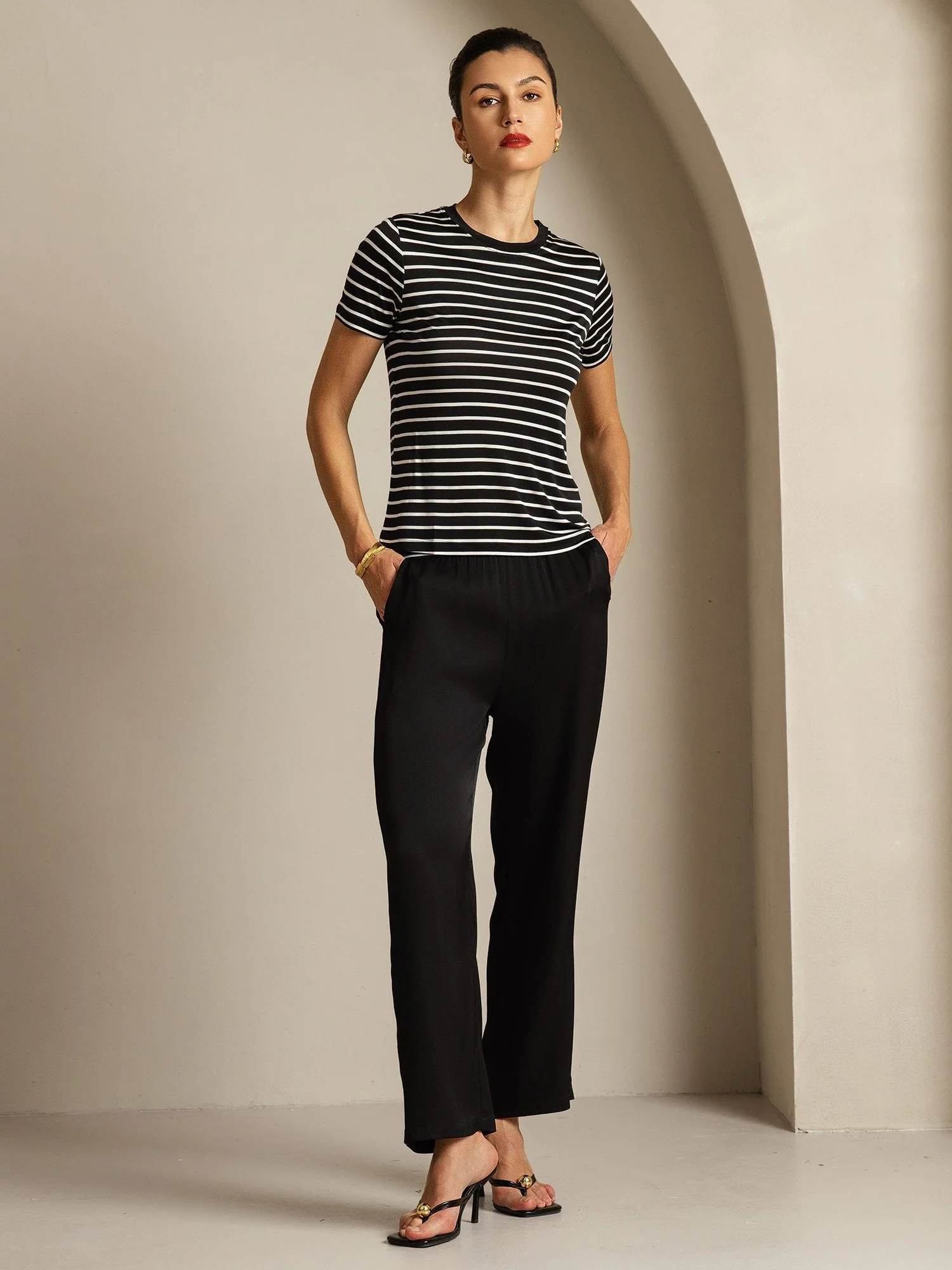 Dame Ren Silke Rund Hals Kort Ærme Sportstribet T-Shirt - Image 14