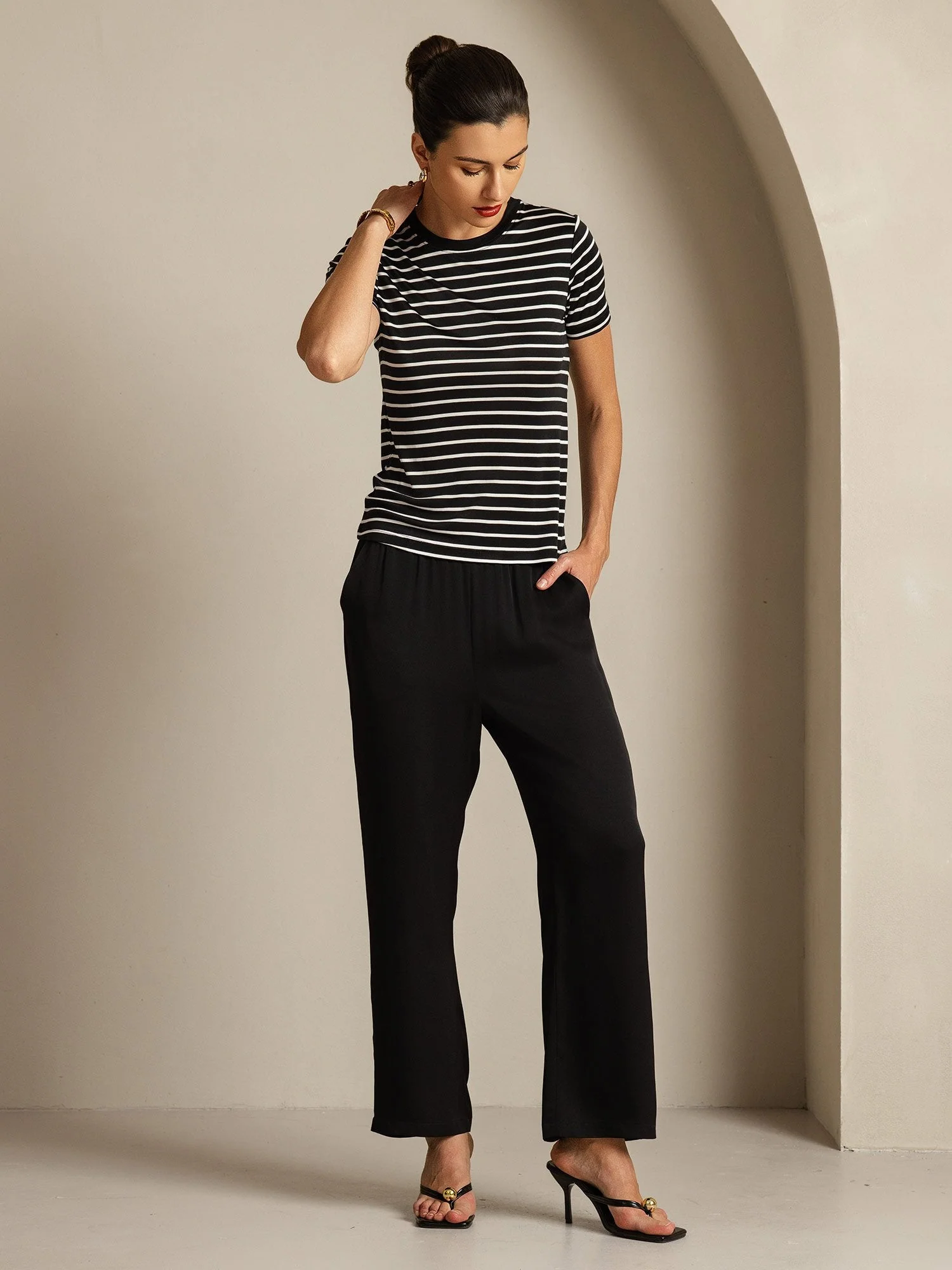 Dame Ren Silke Rund Hals Kort Ærme Sportstribet T-Shirt - Image 15