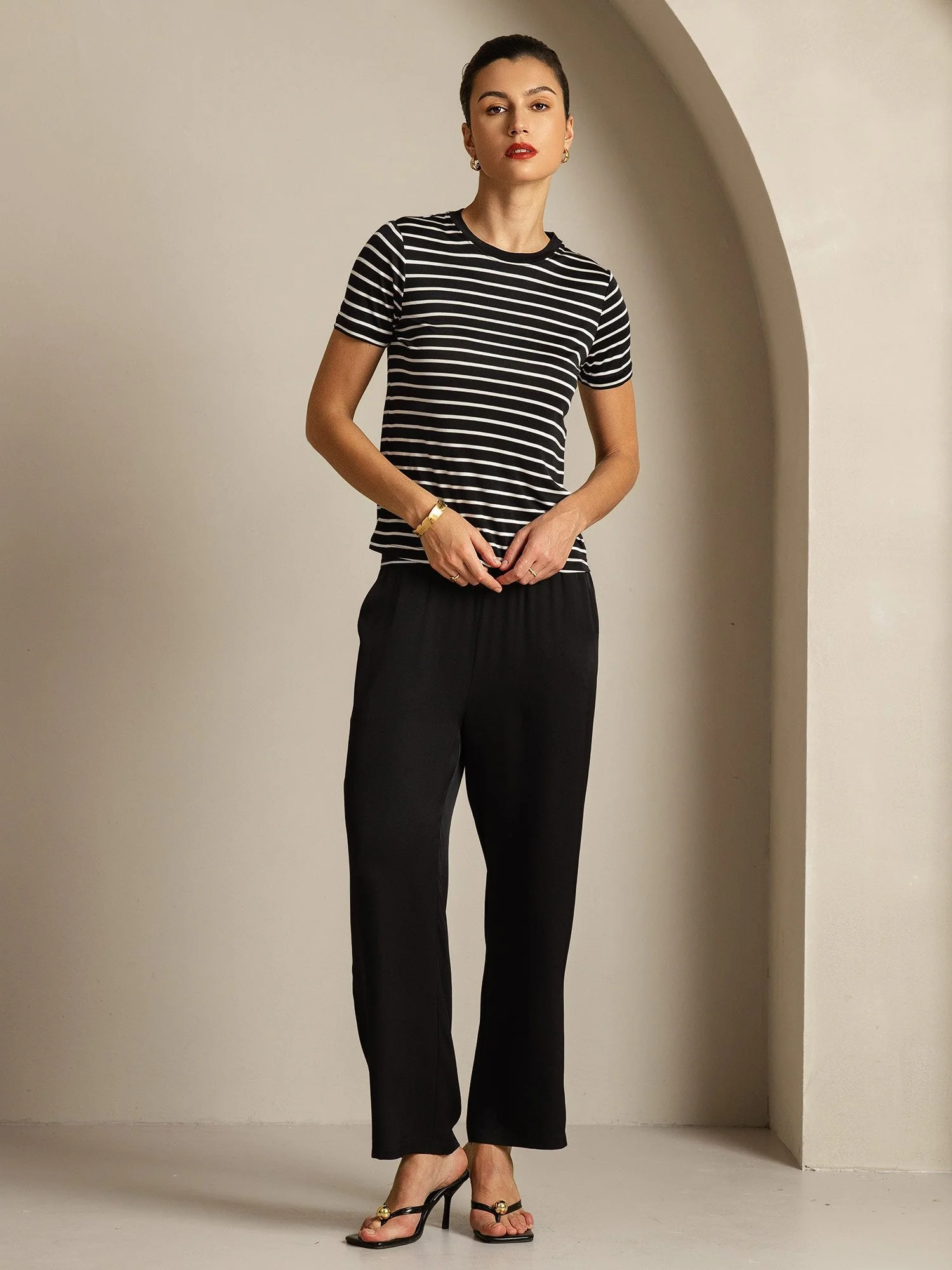 Dame Ren Silke Rund Hals Kort Ærme Sportstribet T-Shirt - Image 16