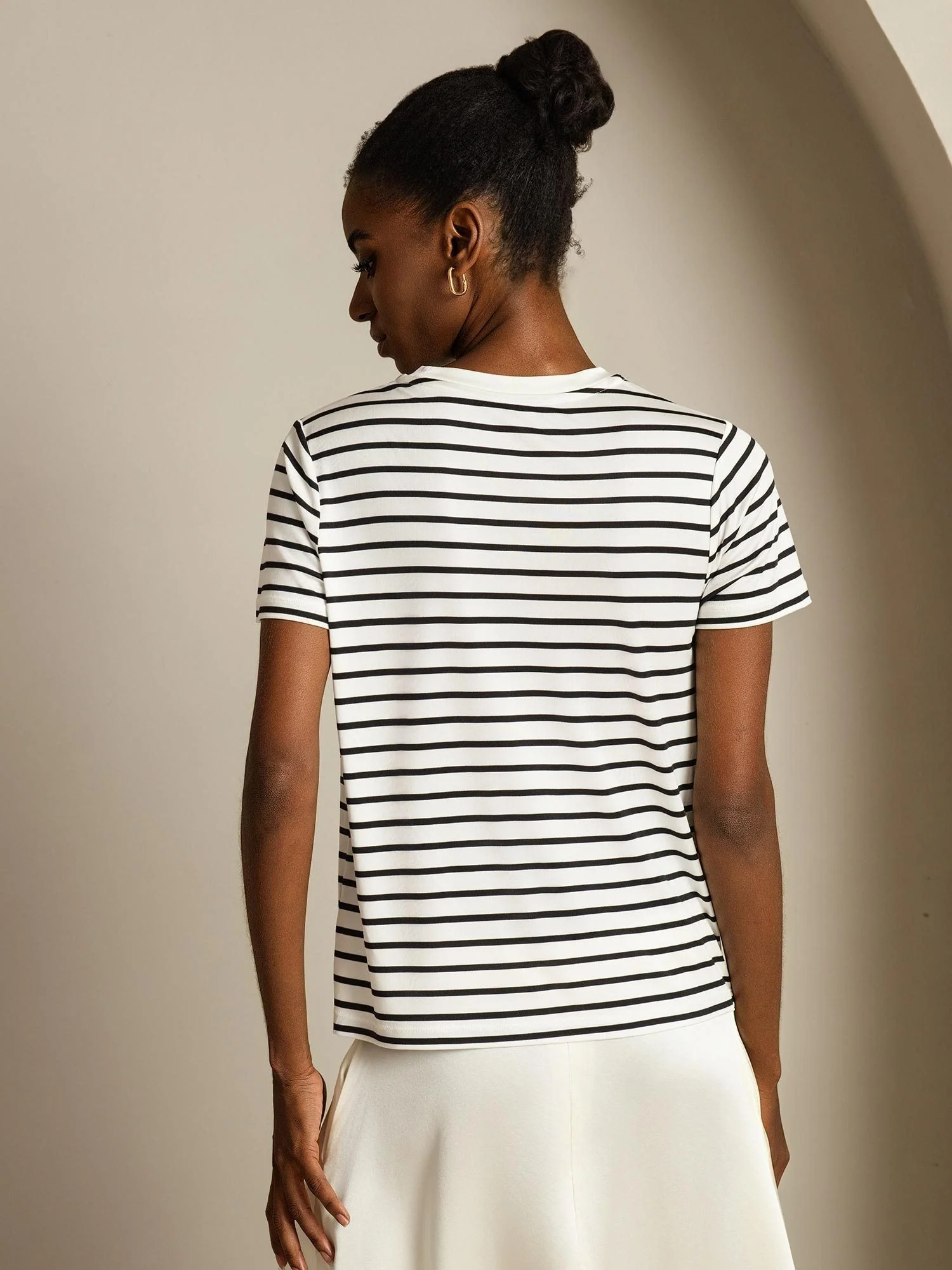 Dame Ren Silke Rund Hals Kort Ærme Sportstribet T-Shirt - Image 2