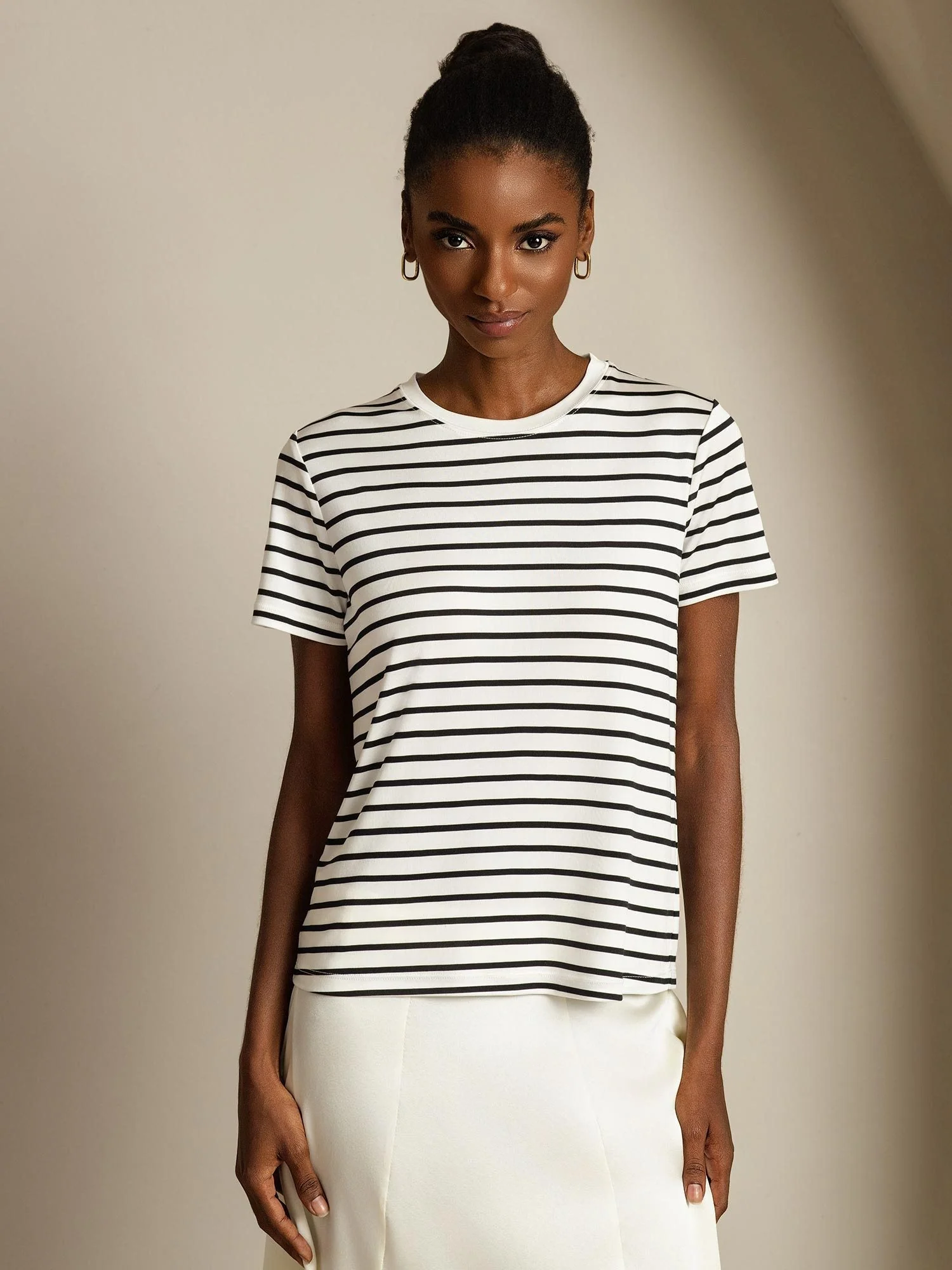 Dame Ren Silke Rund Hals Kort Ærme Sportstribet T-Shirt - Image 3