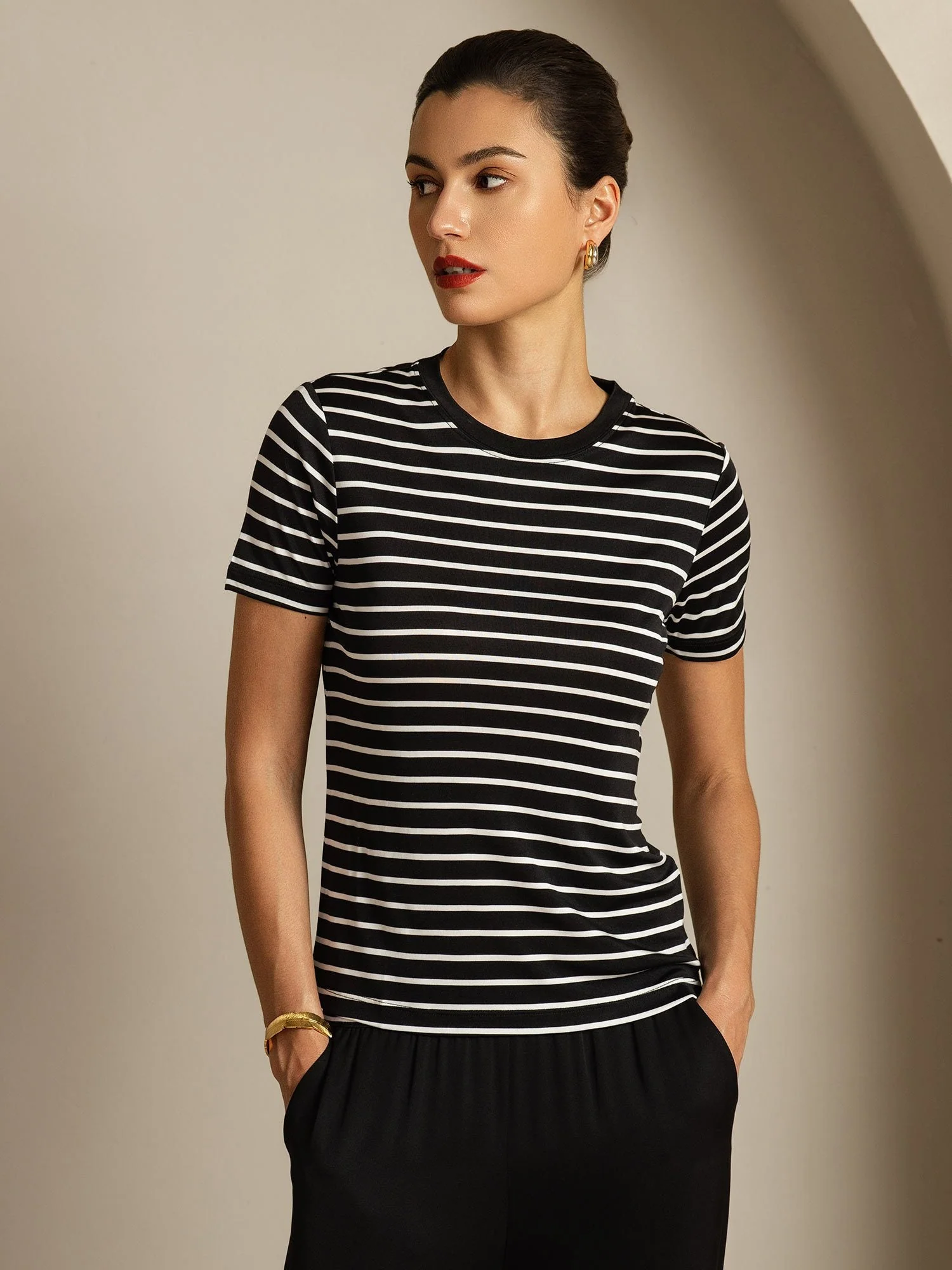 Dame Ren Silke Rund Hals Kort Ærme Sportstribet T-Shirt - Image 9