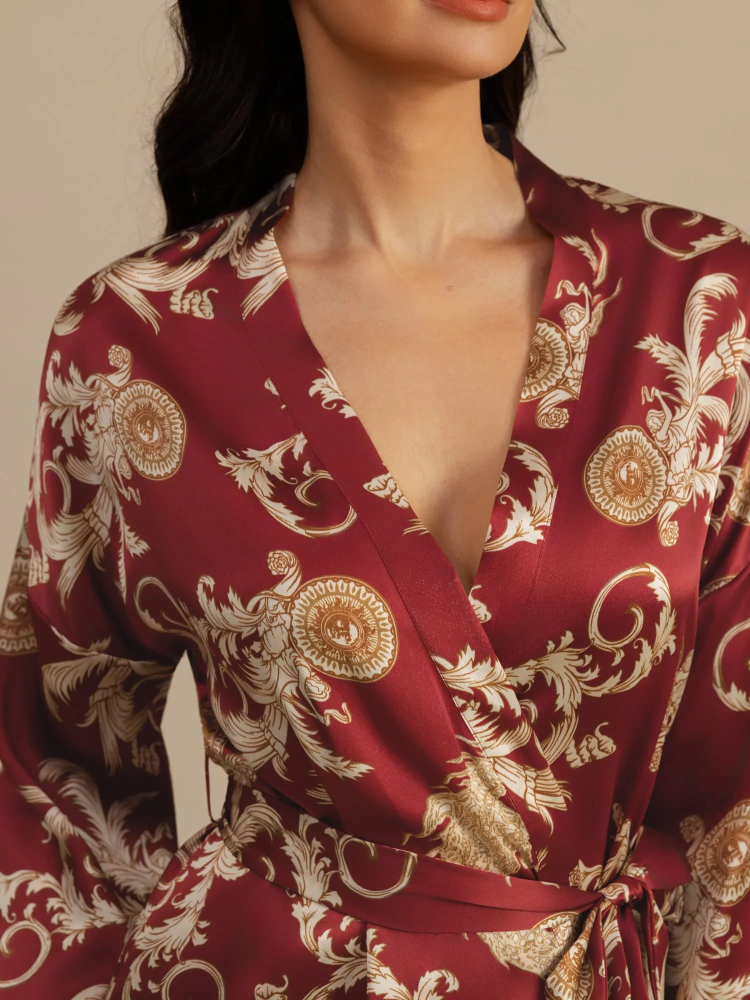 Kvinders Ren Silke Dragemønster 3/4 Ærme Kimono Morgenkåbe Med Bælte - Image 13