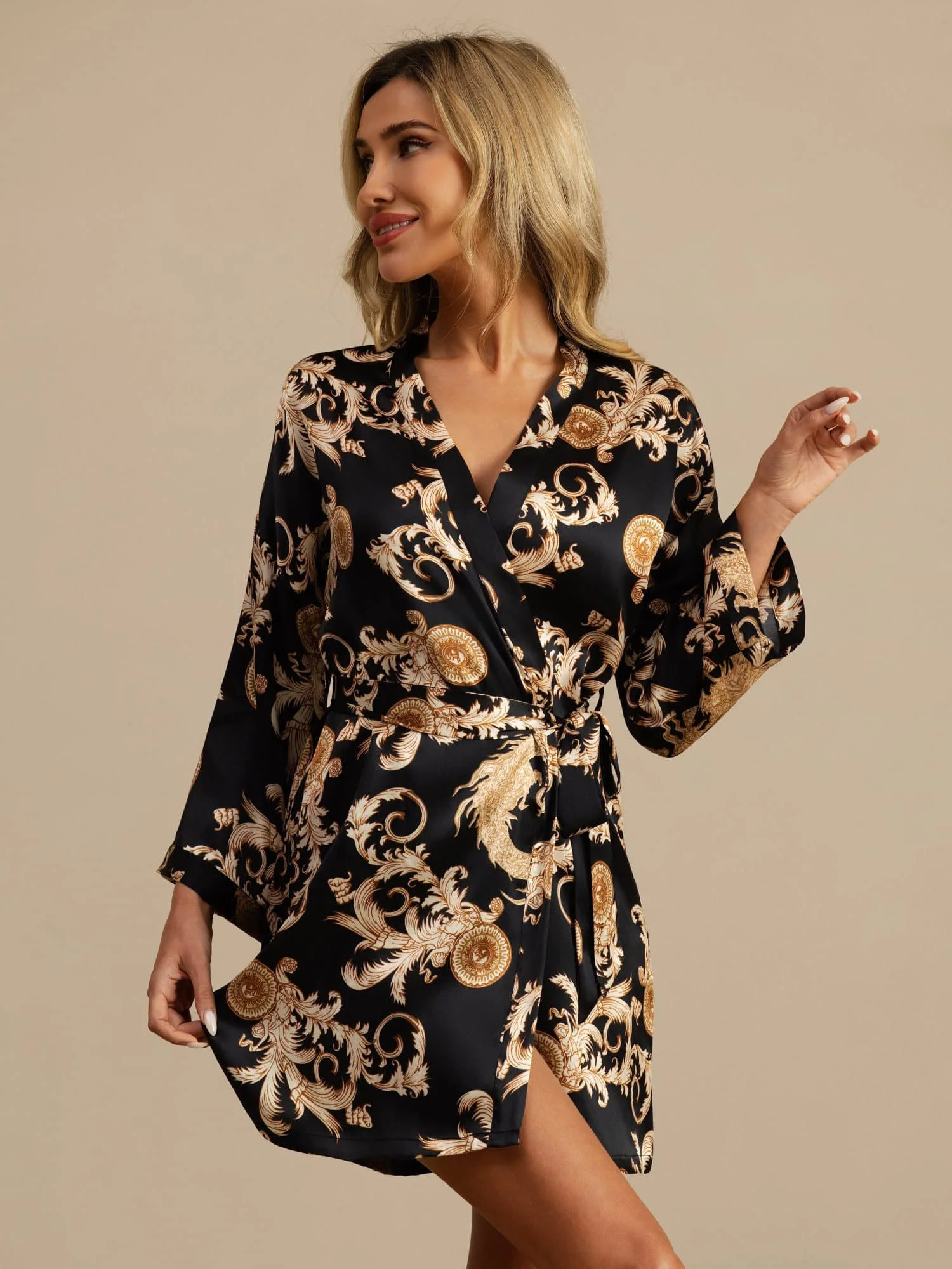 Kvinders Ren Silke Dragemønster 3/4 Ærme Kimono Morgenkåbe Med Bælte - Image 3