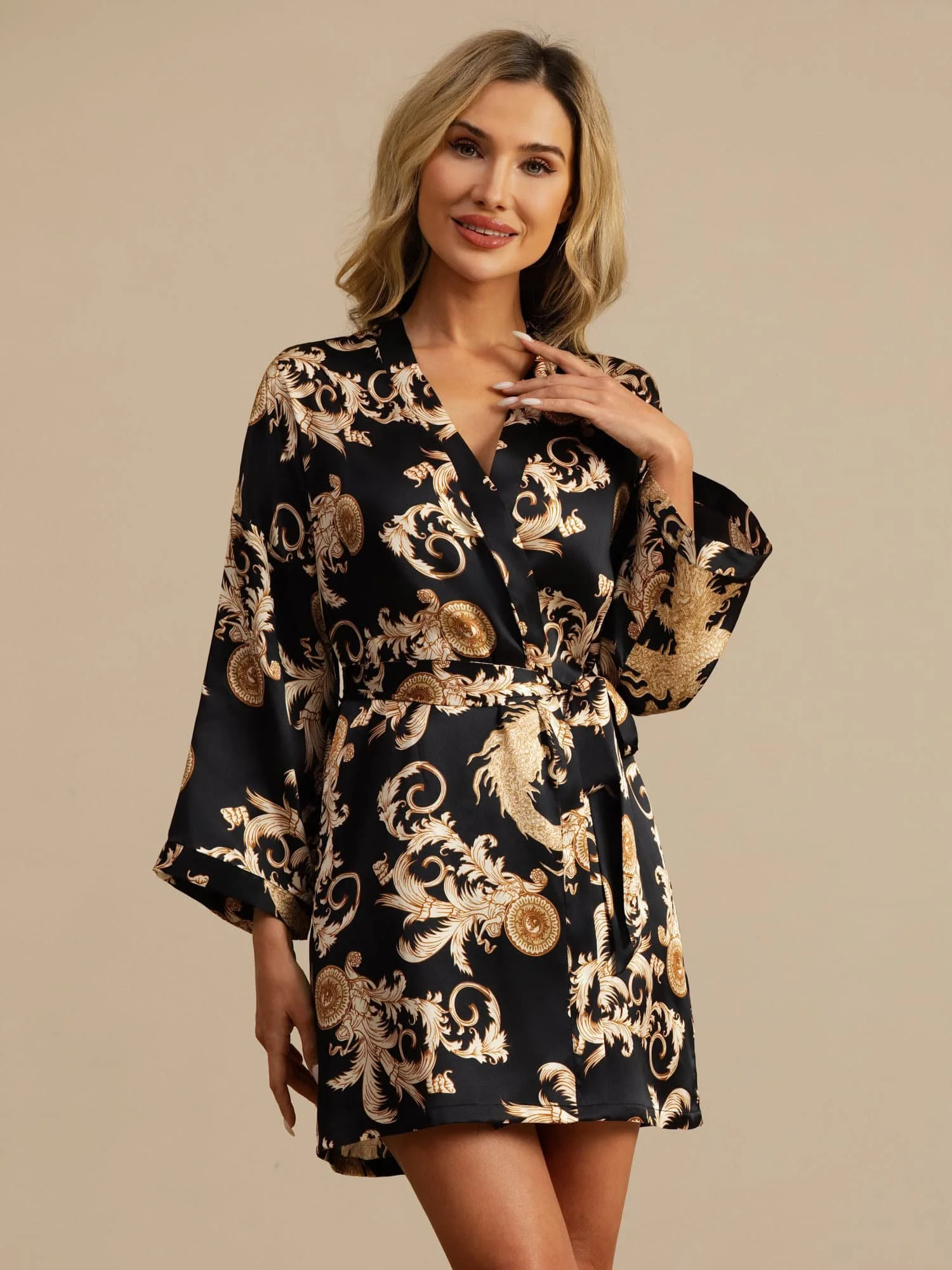 Kvinders Ren Silke Dragemønster 3/4 Ærme Kimono Morgenkåbe Med Bælte - Image 4