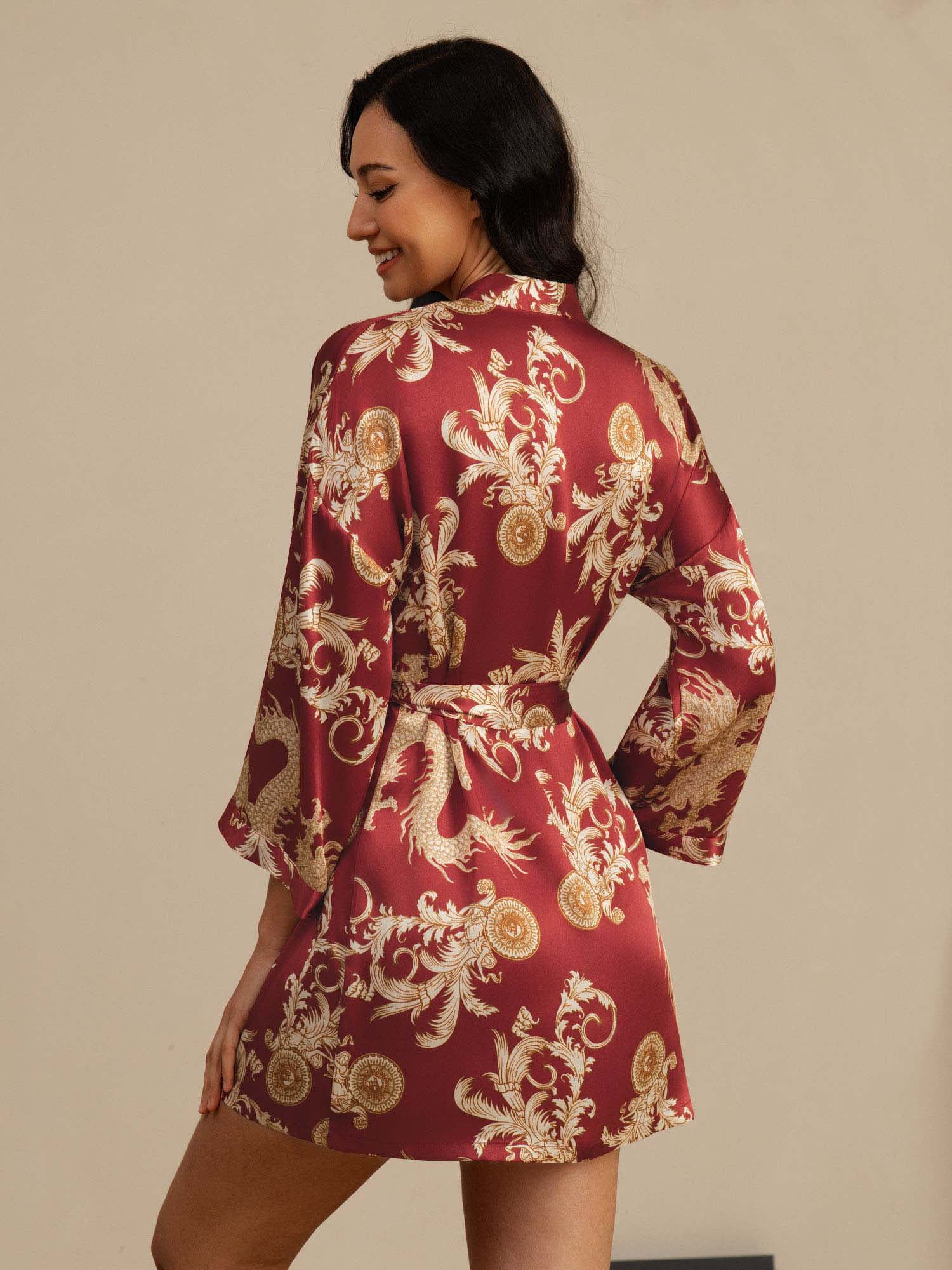 Kvinders Ren Silke Dragemønster 3/4 Ærme Kimono Morgenkåbe Med Bælte - Image 9