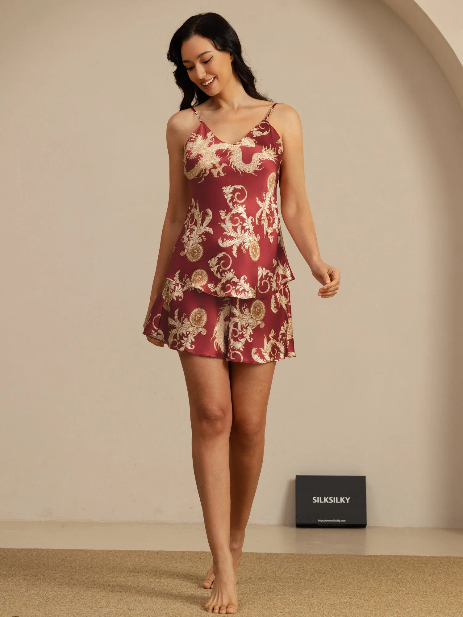 Kvinders Ren Silke Spaghetti Stropper V Hals Camisole Set Med Shorts Dragemønster - Image 14