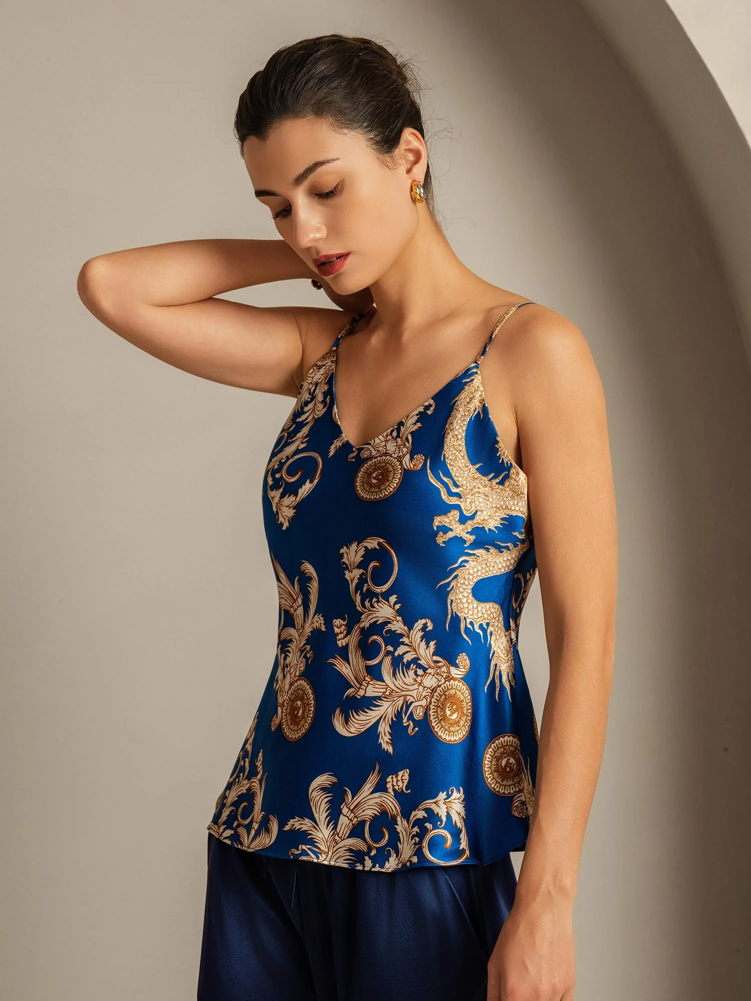 Top Camisole I Ren Silke Dragemønster Med Spaghetti Stropper V-Hals - Image 6