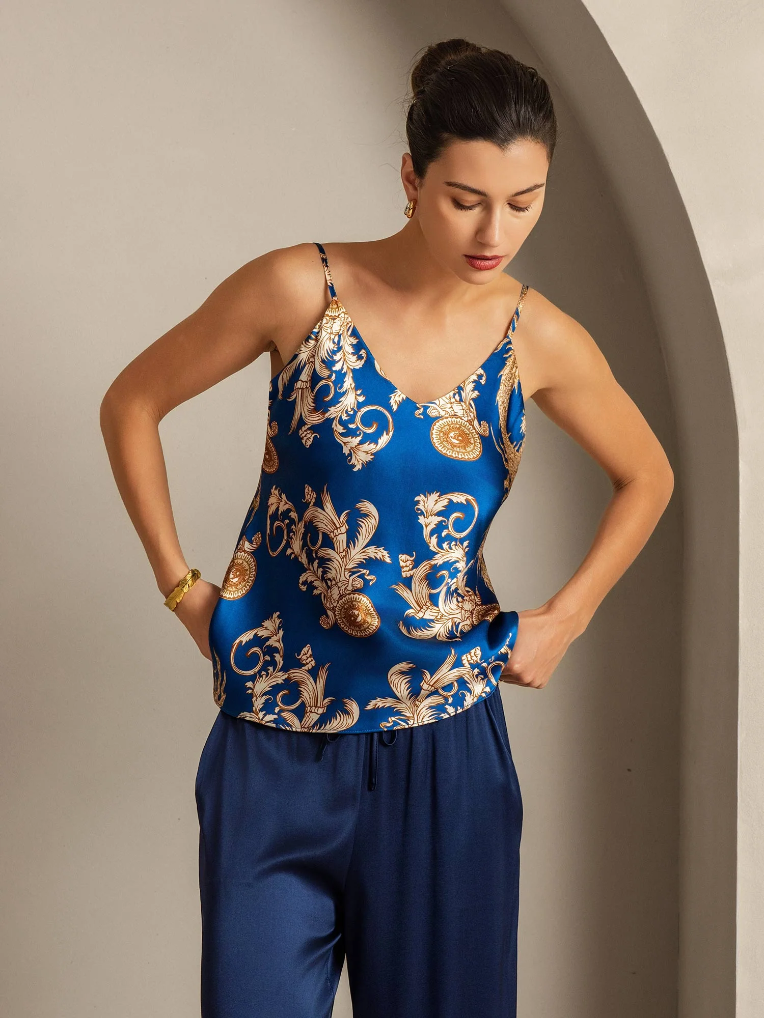 Top Camisole I Ren Silke Dragemønster Med Spaghetti Stropper V-Hals - Image 7