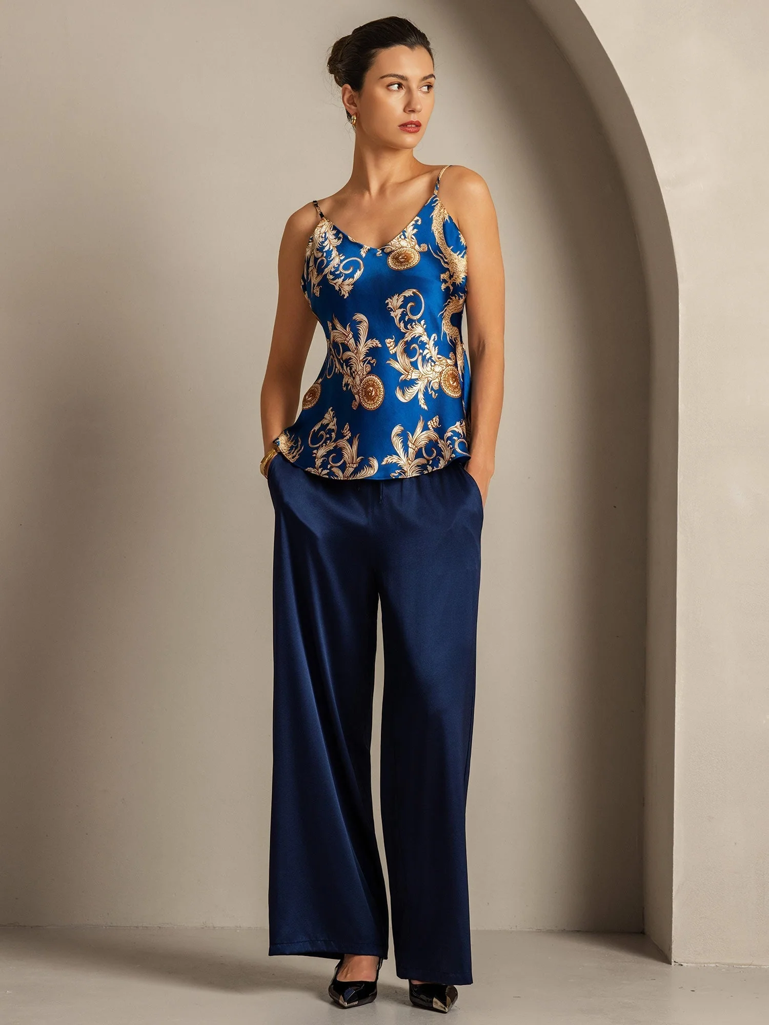 Top Camisole I Ren Silke Dragemønster Med Spaghetti Stropper V-Hals - Image 8
