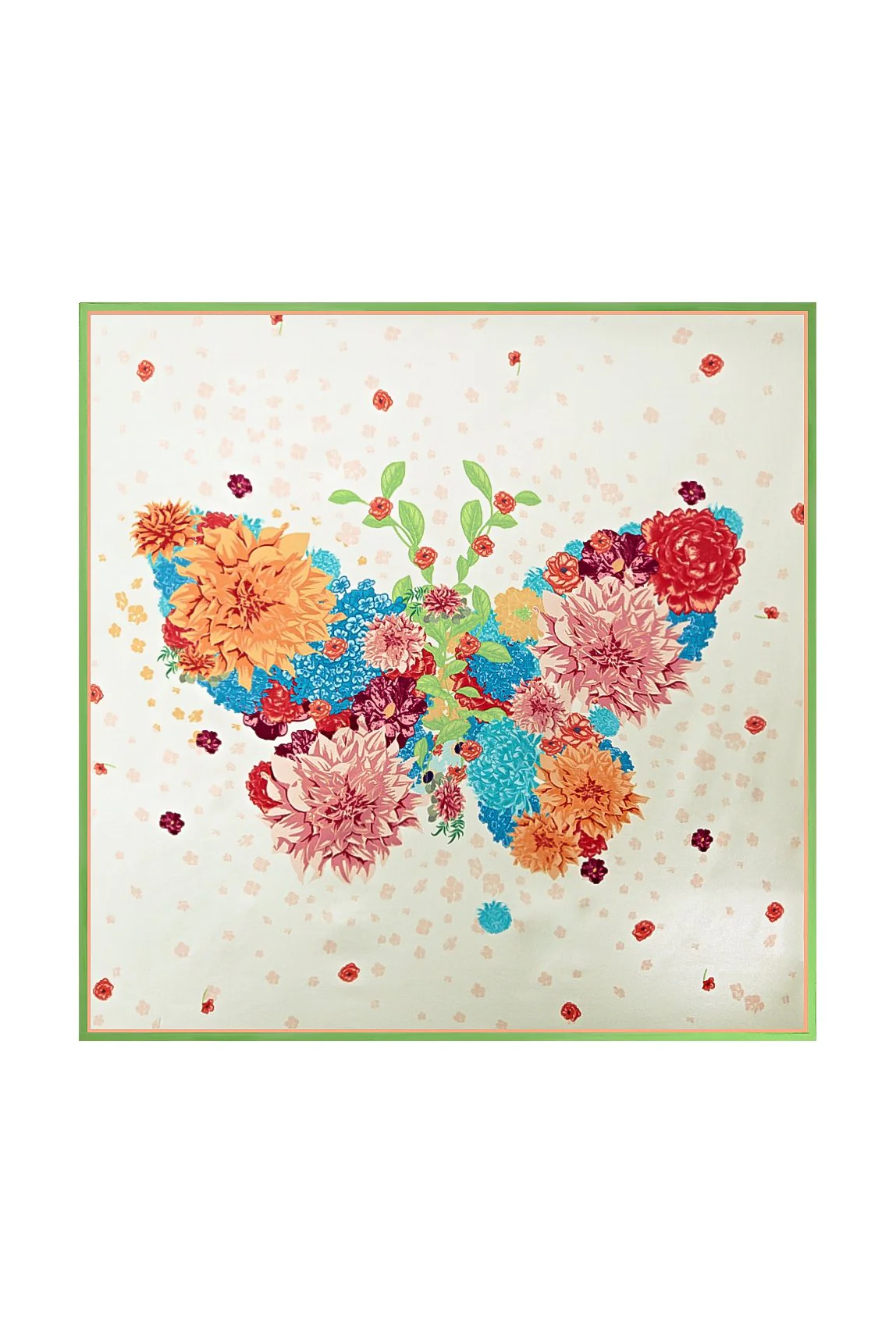 Pure Silke Blomster Kvadrat Skjerf med Grøn Kant 53*53 cm