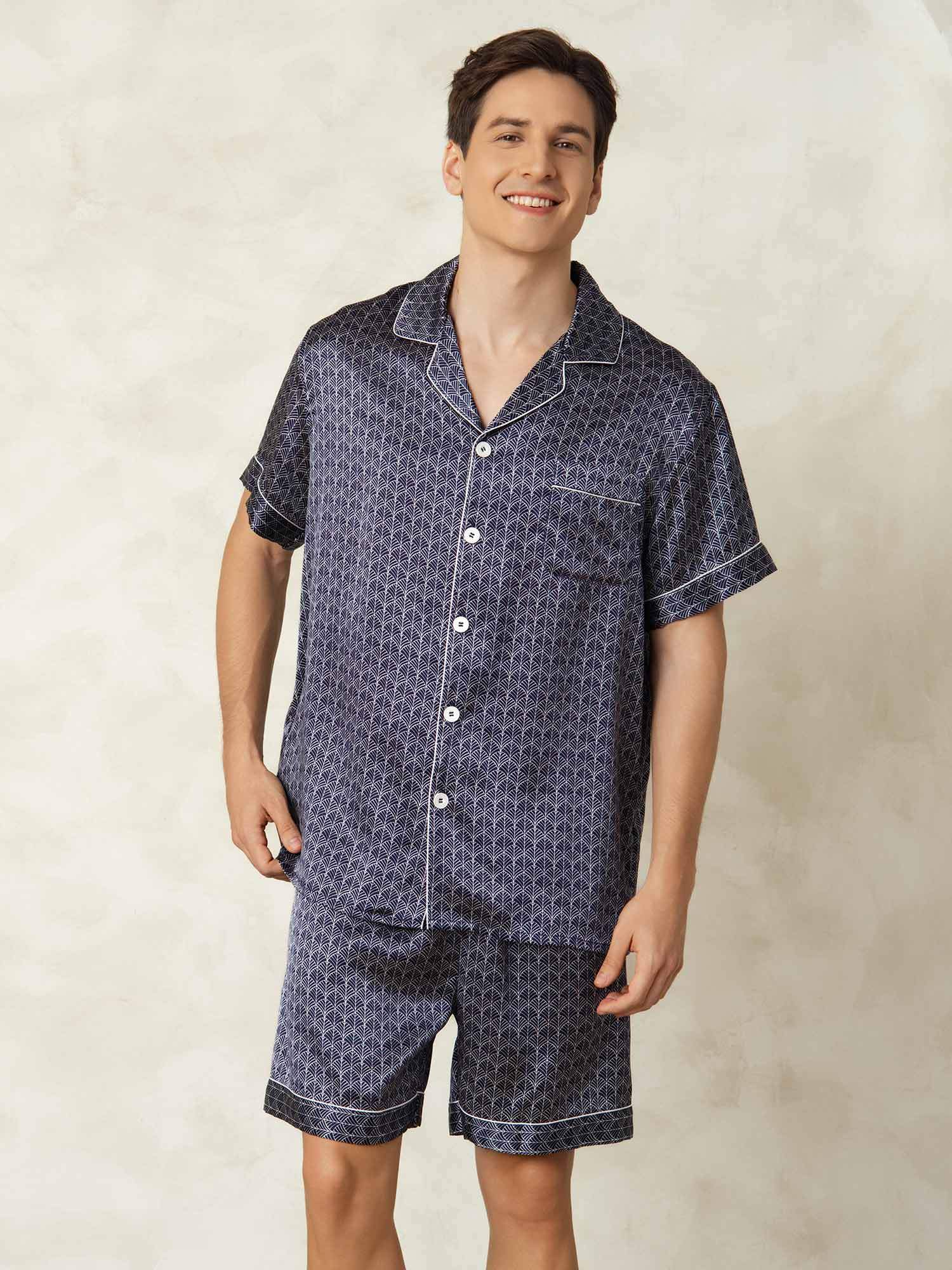 Herre Pyjamas Sæt I Ren Silke Marineblå Med Ginkgo Print Korte Ærmer Og Reverskrave - Image 5