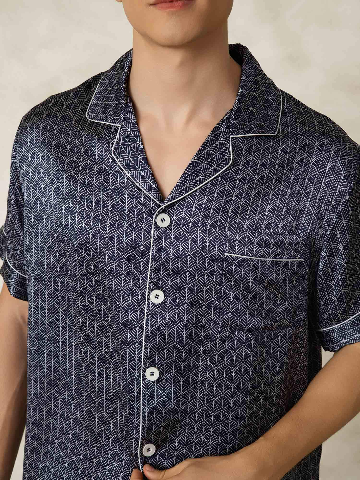 Herre Pyjamas Sæt I Ren Silke Marineblå Med Ginkgo Print Korte Ærmer Og Reverskrave - Image 7