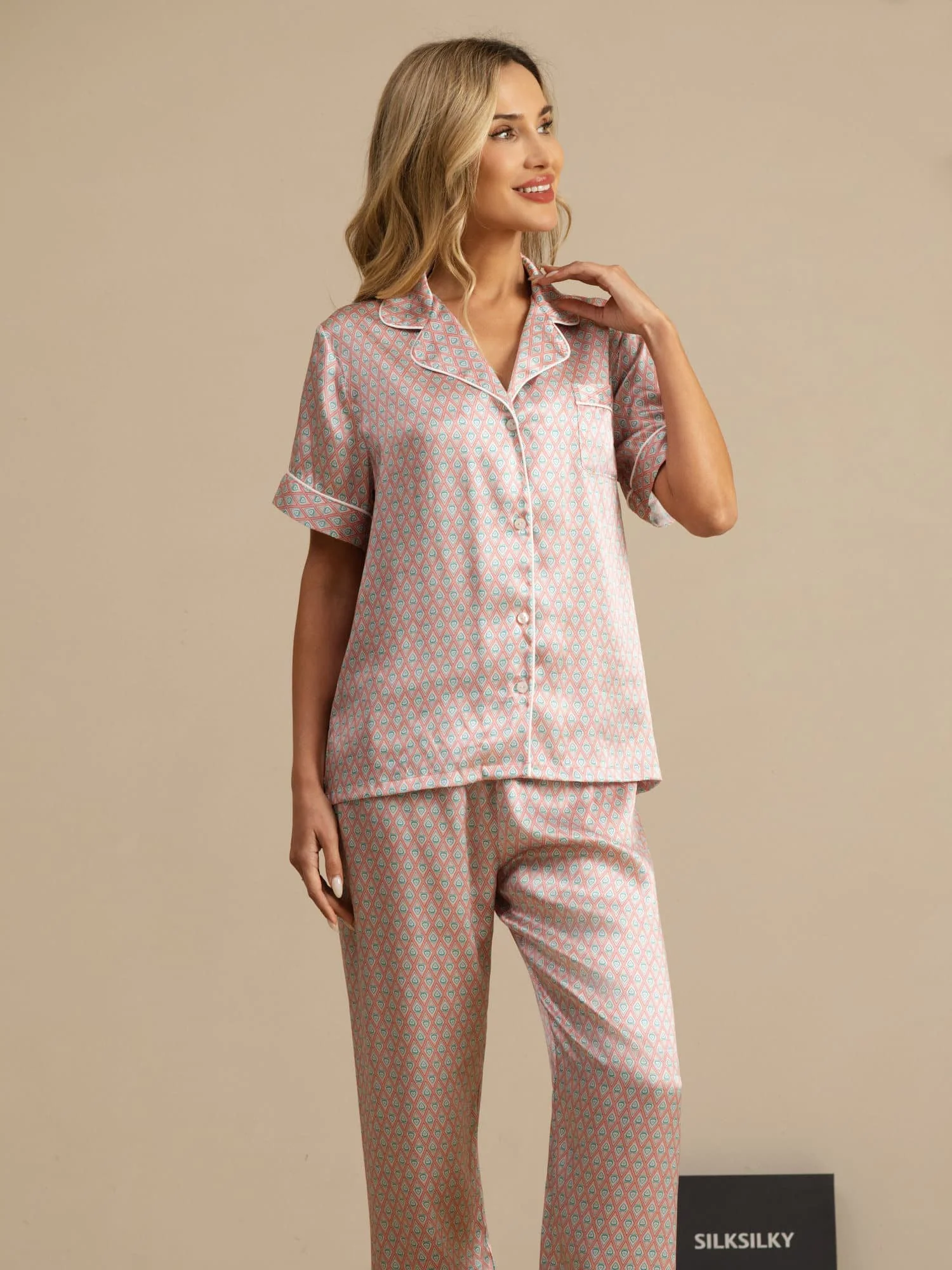 Kvinders Pyjamasæt I Ren Silke Med Geometrisk Print Kortærmet Reverskrave Med Bukser - Image 8