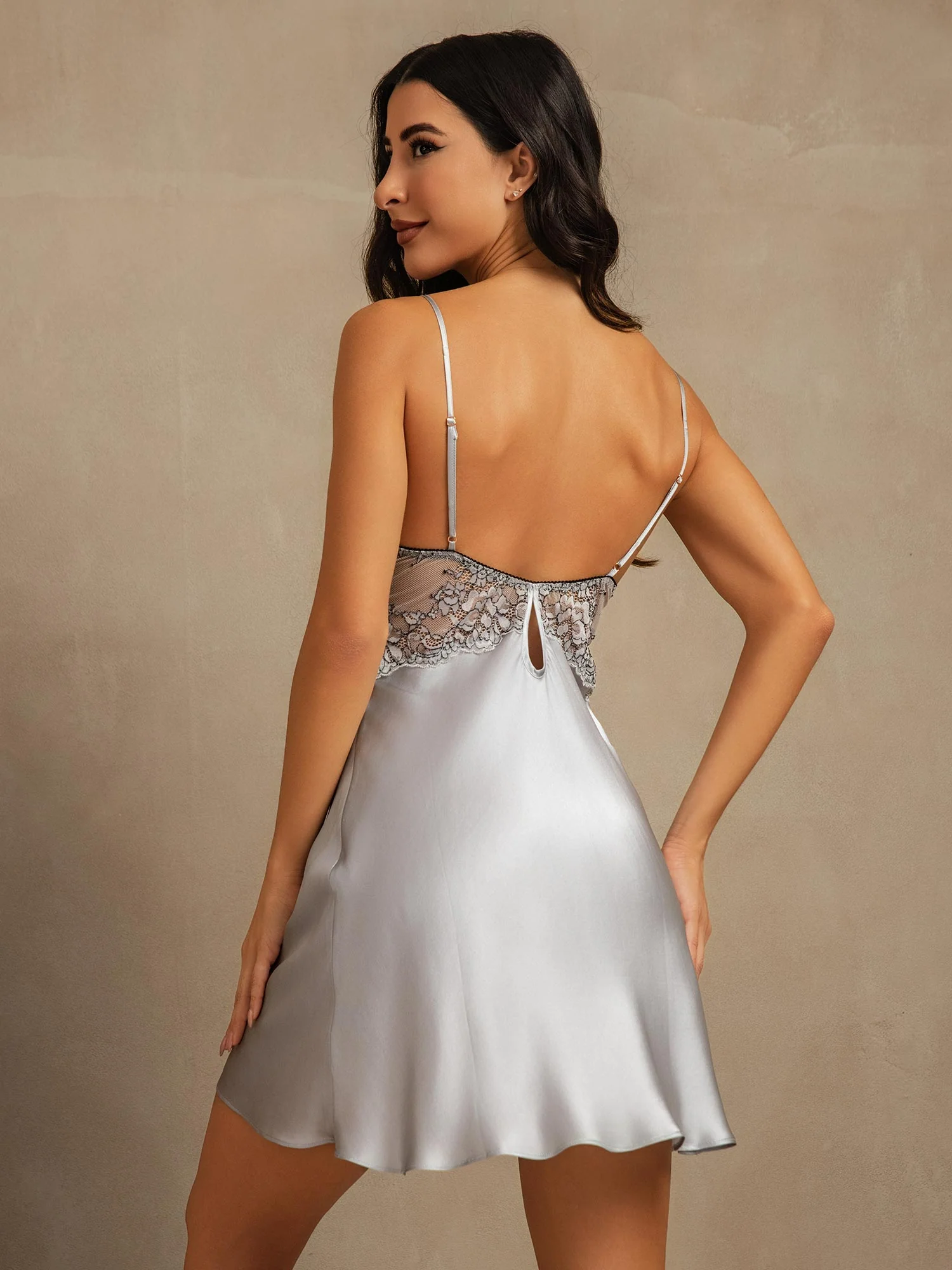 100% Mulberrysilke Nattkjole Med Blonde V-hals Sexy Chemise - Image 17