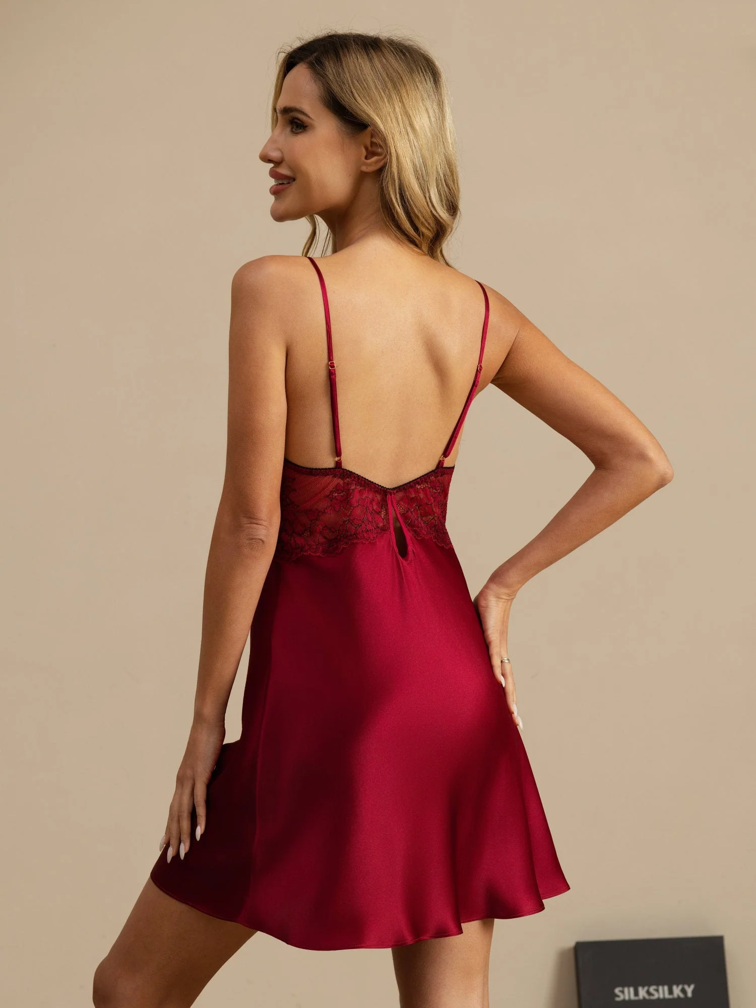 100% Mulberrysilke Nattkjole Med Blonde V-hals Sexy Chemise - Image 25